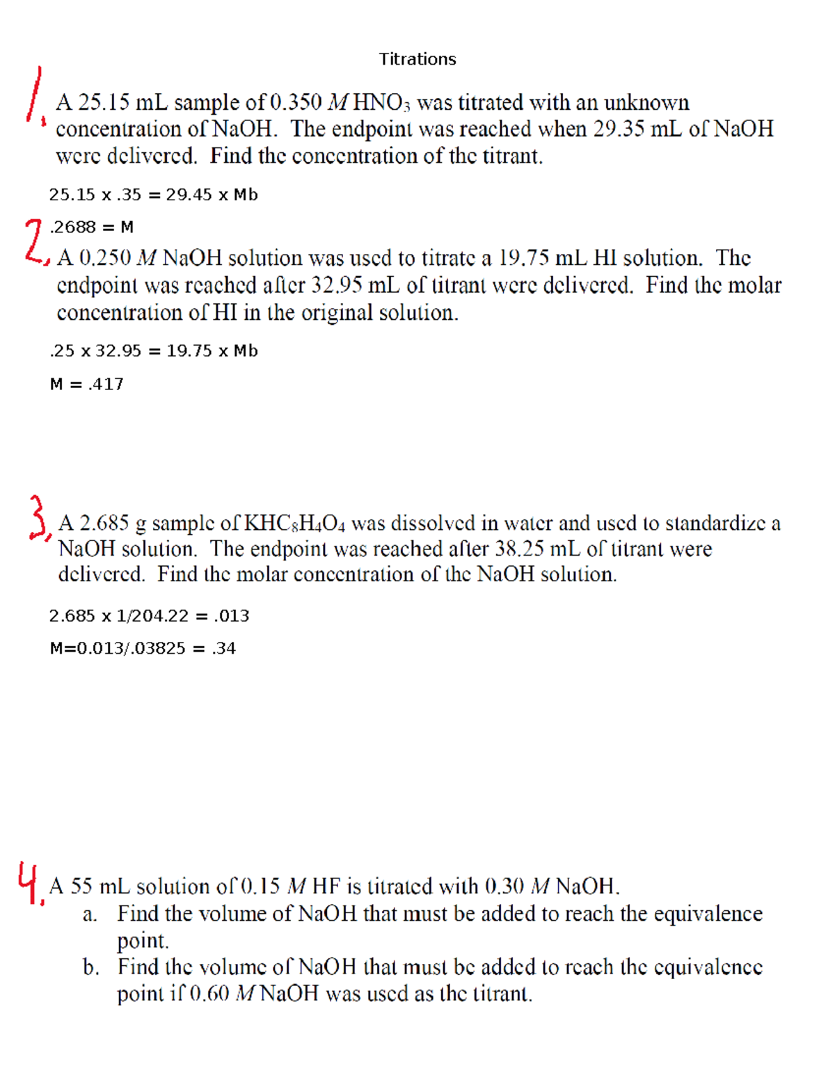 Acid-base titrations - Class work - Titrations 25 x .35 = 29 x Mb .2688 ...