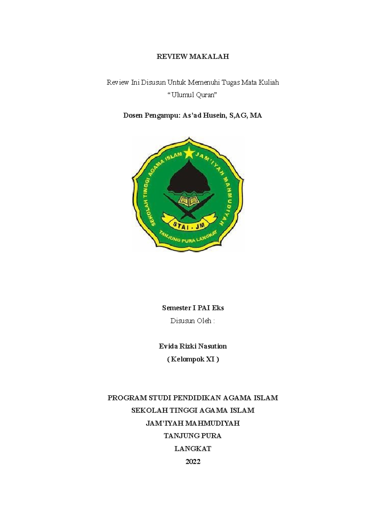 Tugas Semester: Review Makalah Ulumul Quran (PAI 101) - Document Preview