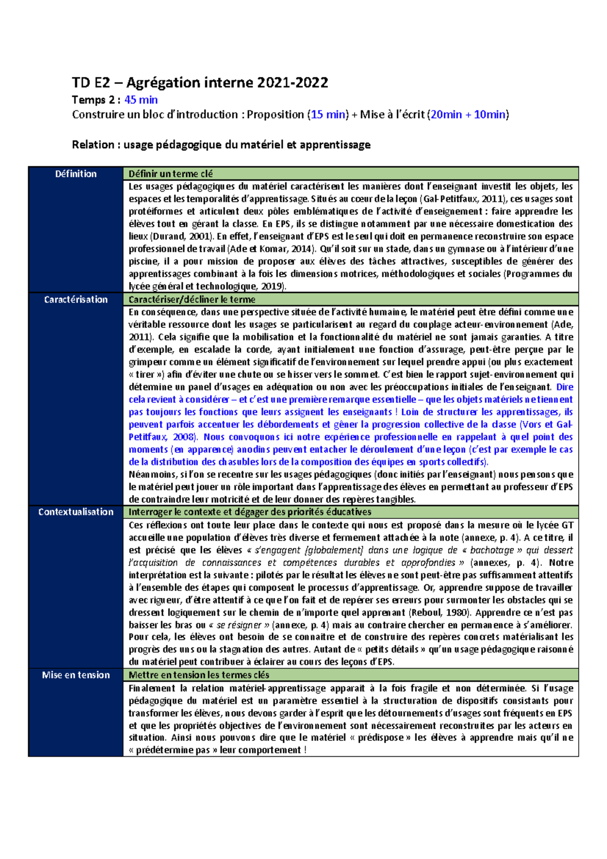 TD E2 Agrégation Interne : Usages Pédagogiques du Matériel en EPS - Studocu