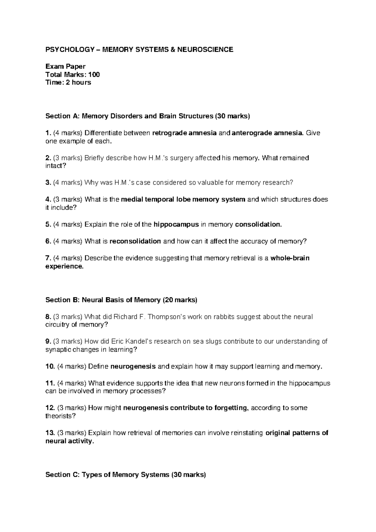 PSY 101: Chapter 7 Memory Systems & Neuroscience Exam Paper - Studocu