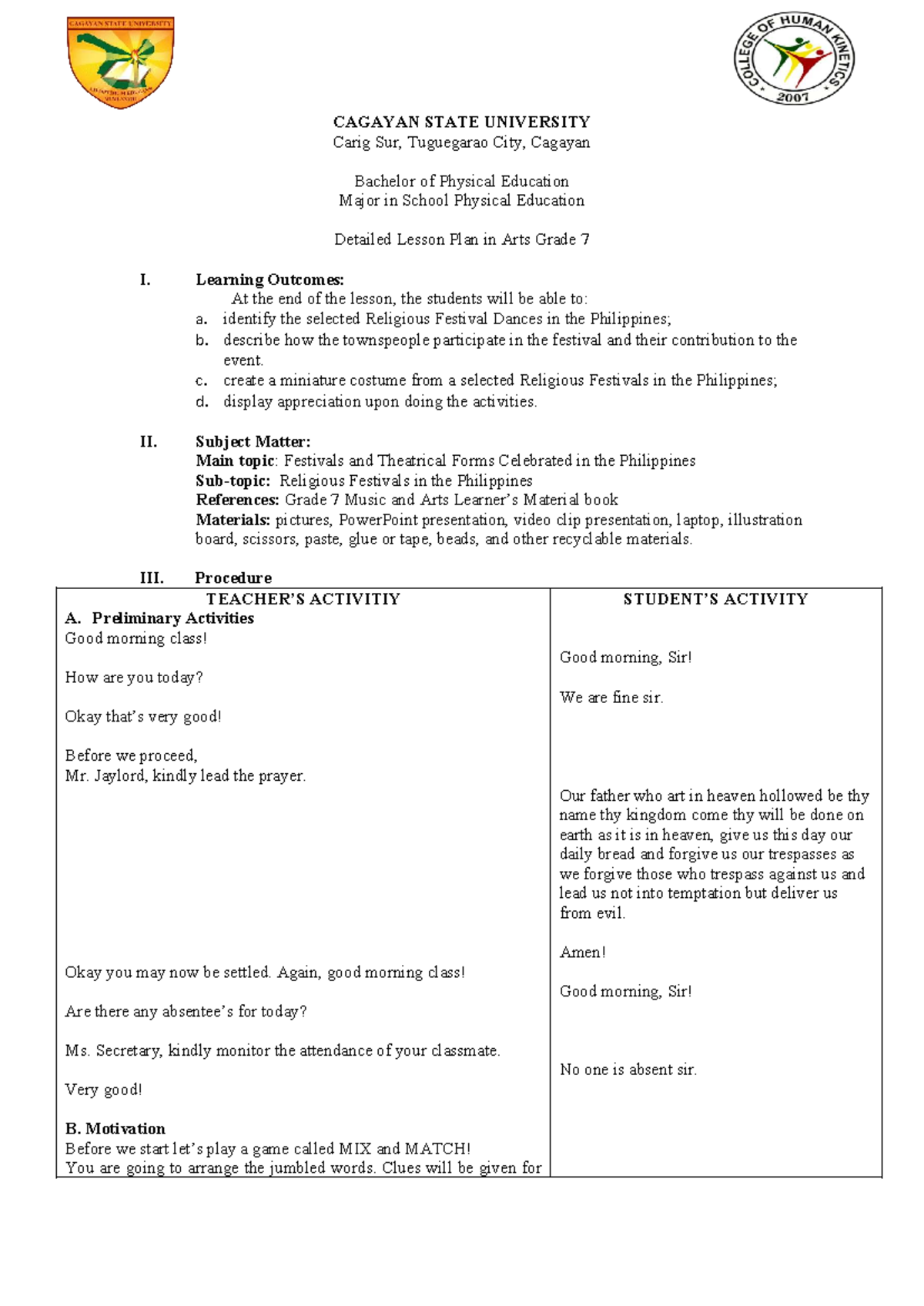 Detailed Lesson Plan: Religious Festivals in the Philippines (PE 7 ...