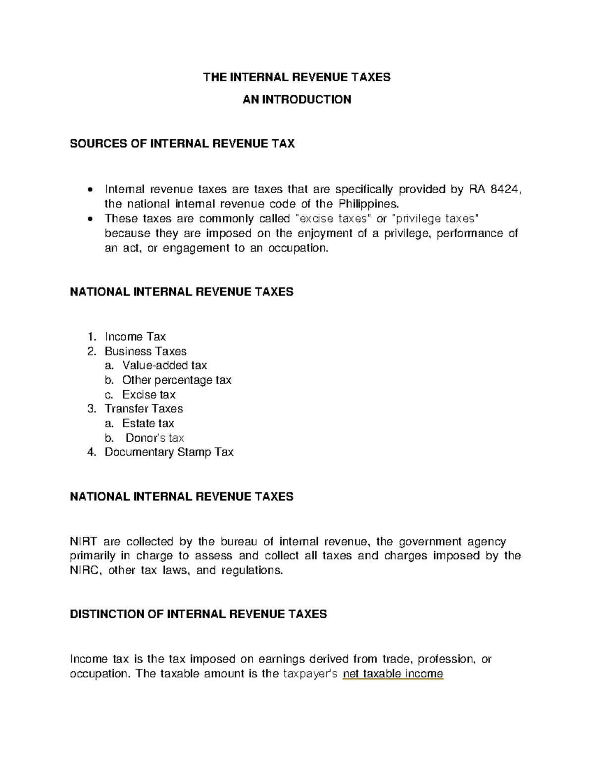 Introduction to Business Taxes Lecture Notes 1 - THE INTERNAL REVENUE ...