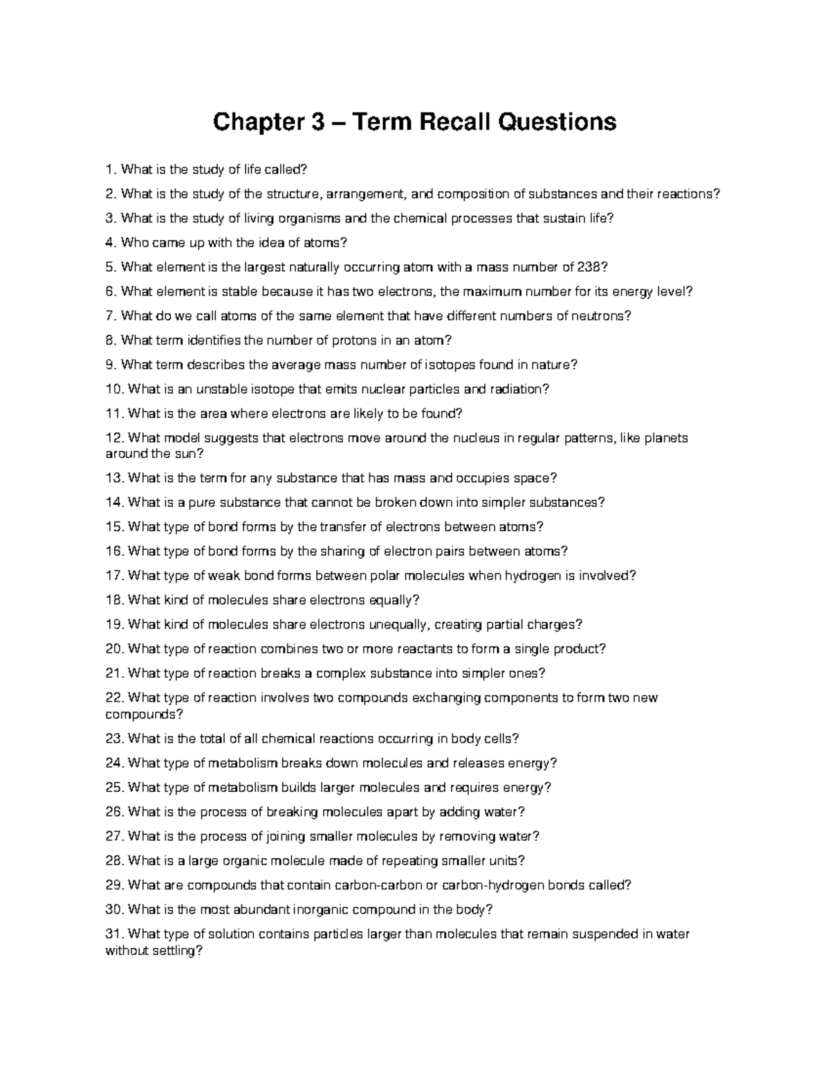Chapter 3 Term Recall Questions for Biology Study - Studocu