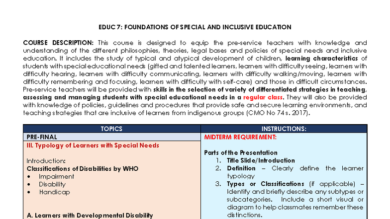 EDUC 7: Midterm & Final Project Guidelines for Inclusive Education ...