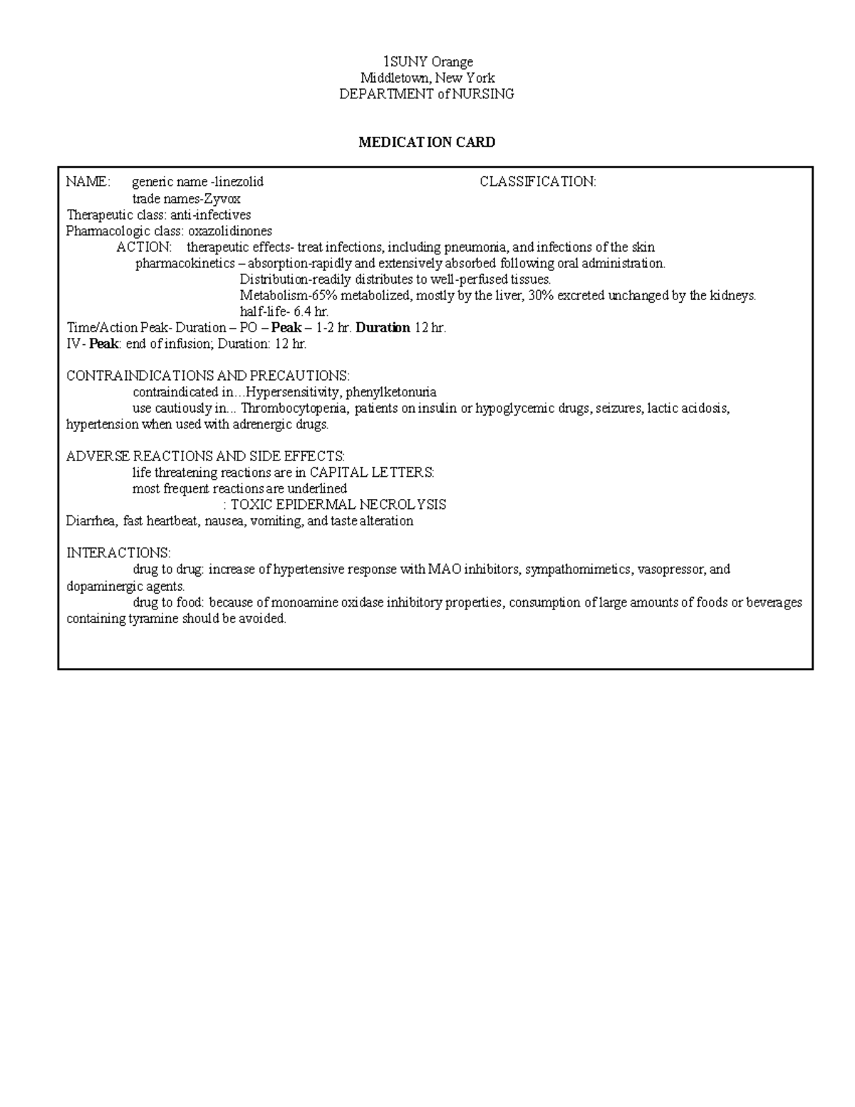 Medication card 1 - sim work - 1 SUNY Orange Middletown, New York ...