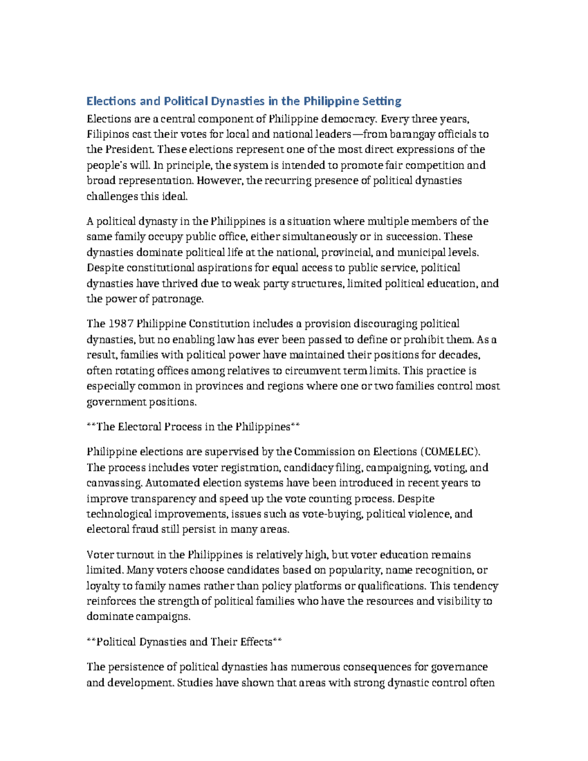 Philippine Elections: The Impact of Political Dynasties on Democracy ...