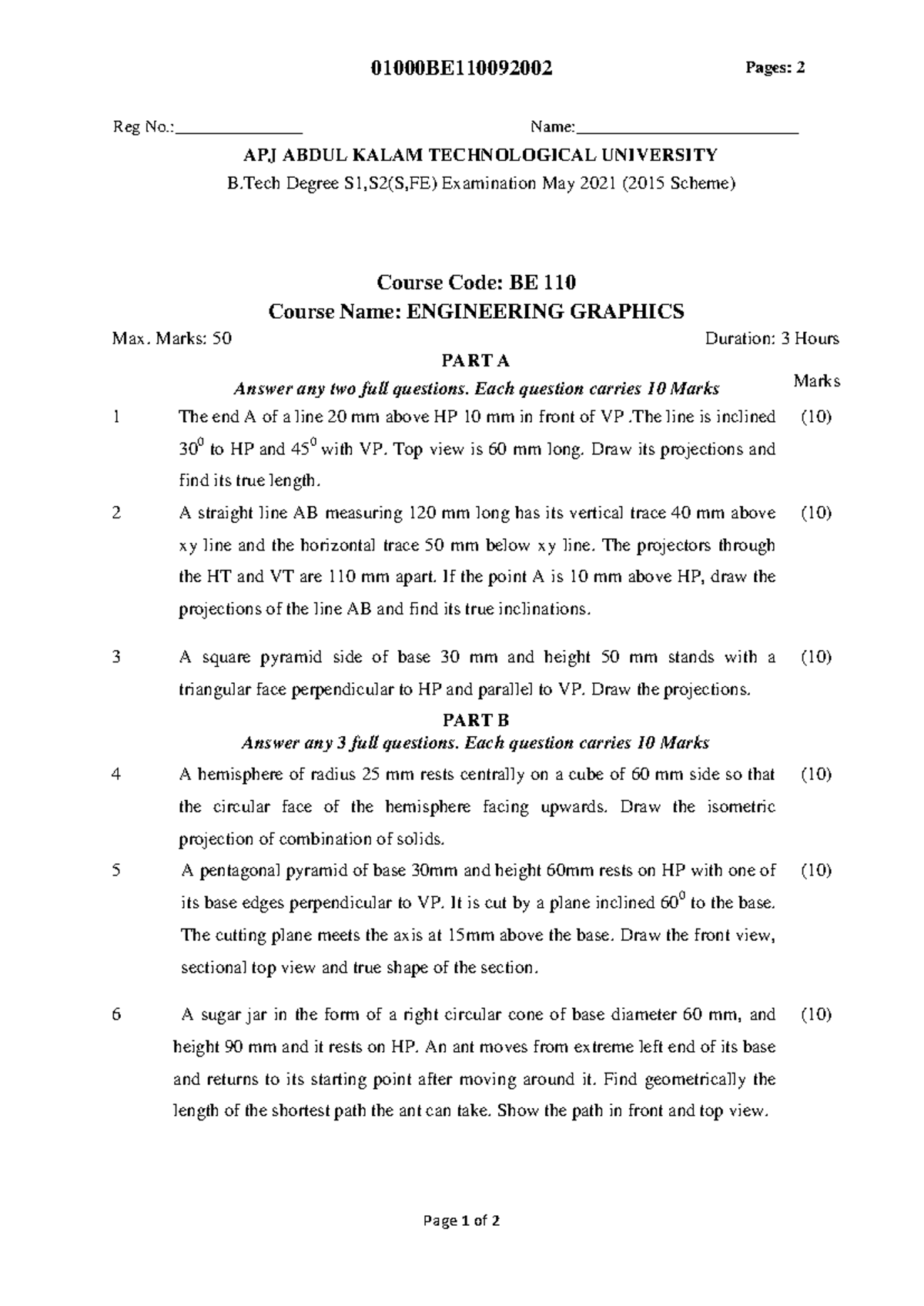 BE110-QP - Practical Questions for Engineering Graphics Exam - Studocu