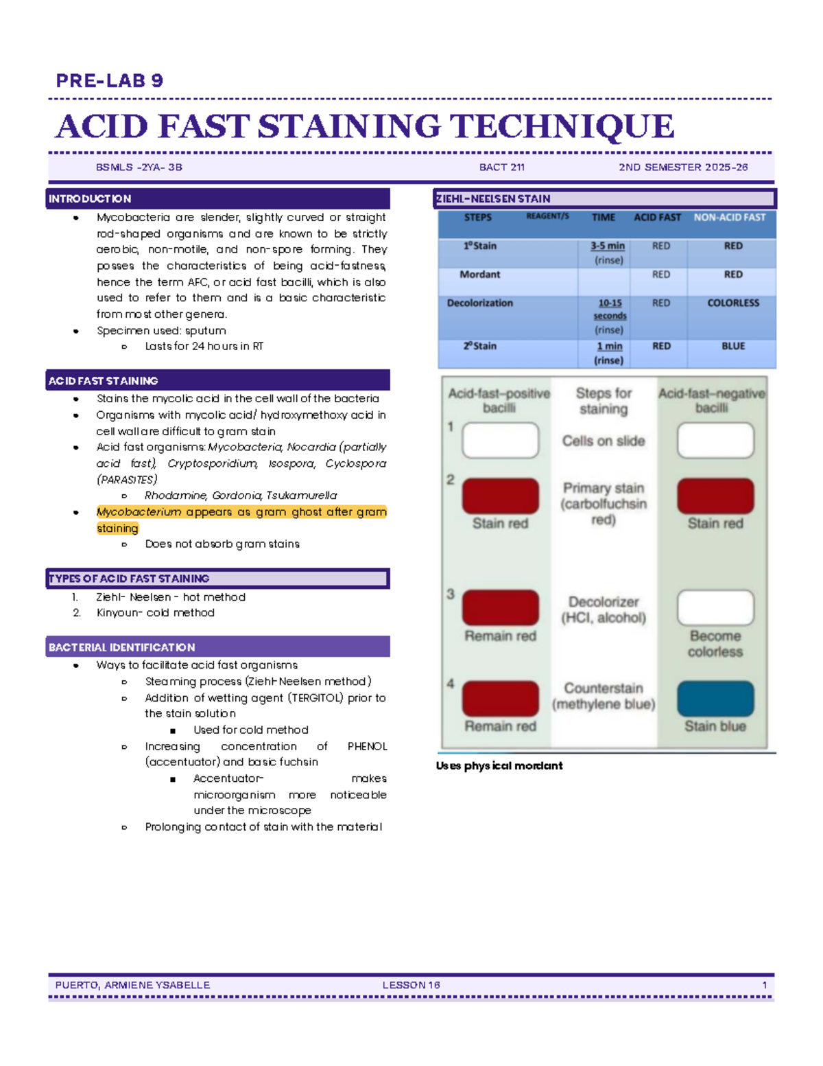 9 Acid Fast Staining Technique - BSMLS 3B BACT 211 Lesson 16 - Studocu
