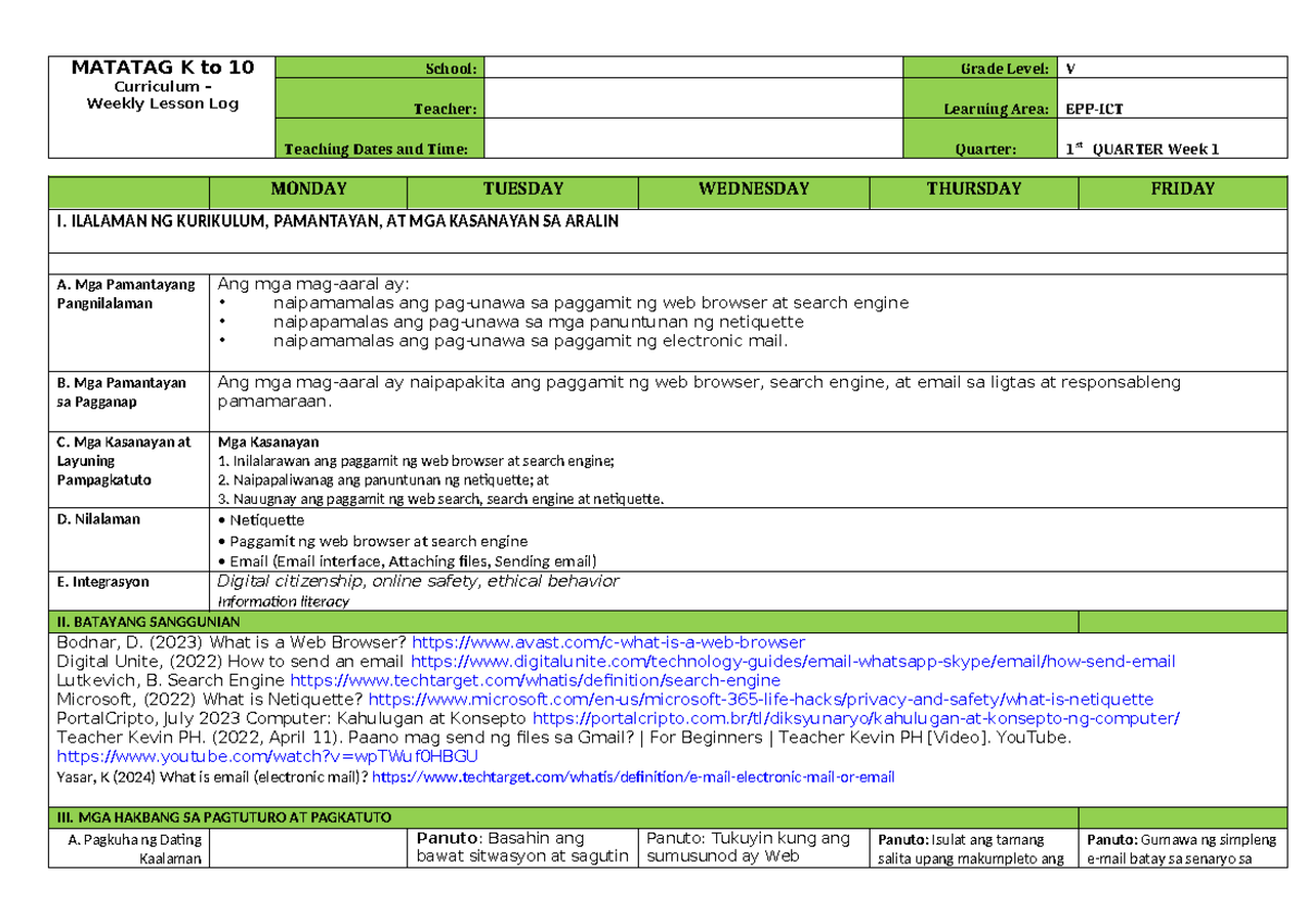 DLL EPP ICT 5 Q1 W1 - Weekly Lesson Plan on Web Browsers and Netiquette ...