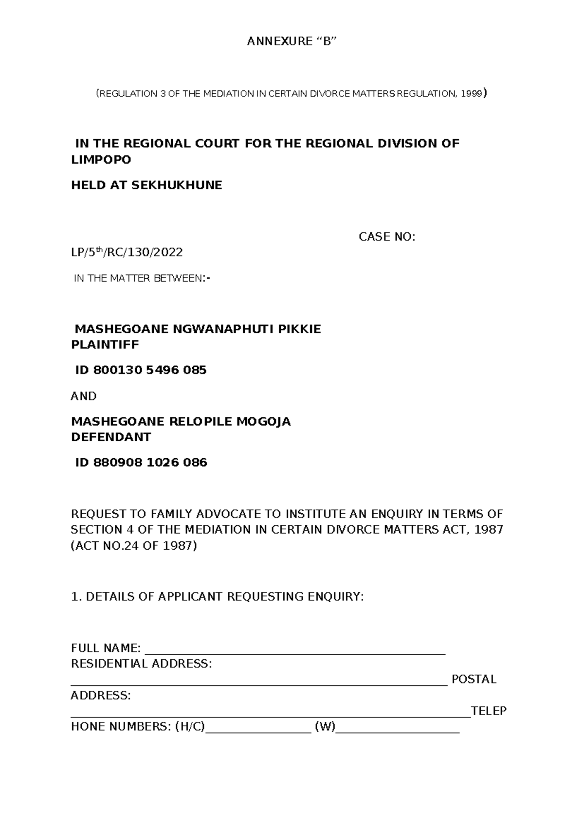 Request for Family Advocate in Divorce Matters - Annexure B - Studocu