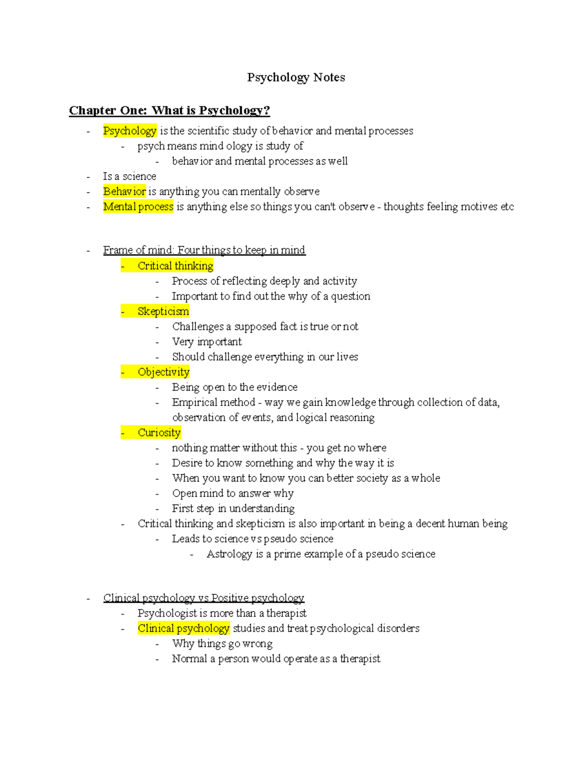 Psychology Notes Chapter 1 Introduction To Psychology Psy 101