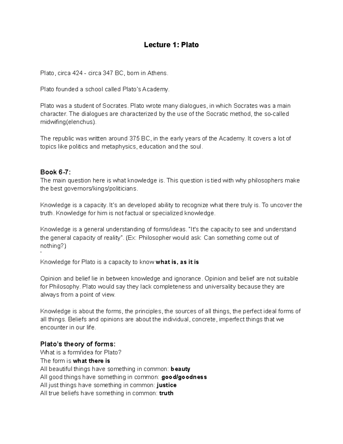 PHIL1000 Notes - Lecture 1: Plato Plato, circa 424 - circa 347 BC, born ...