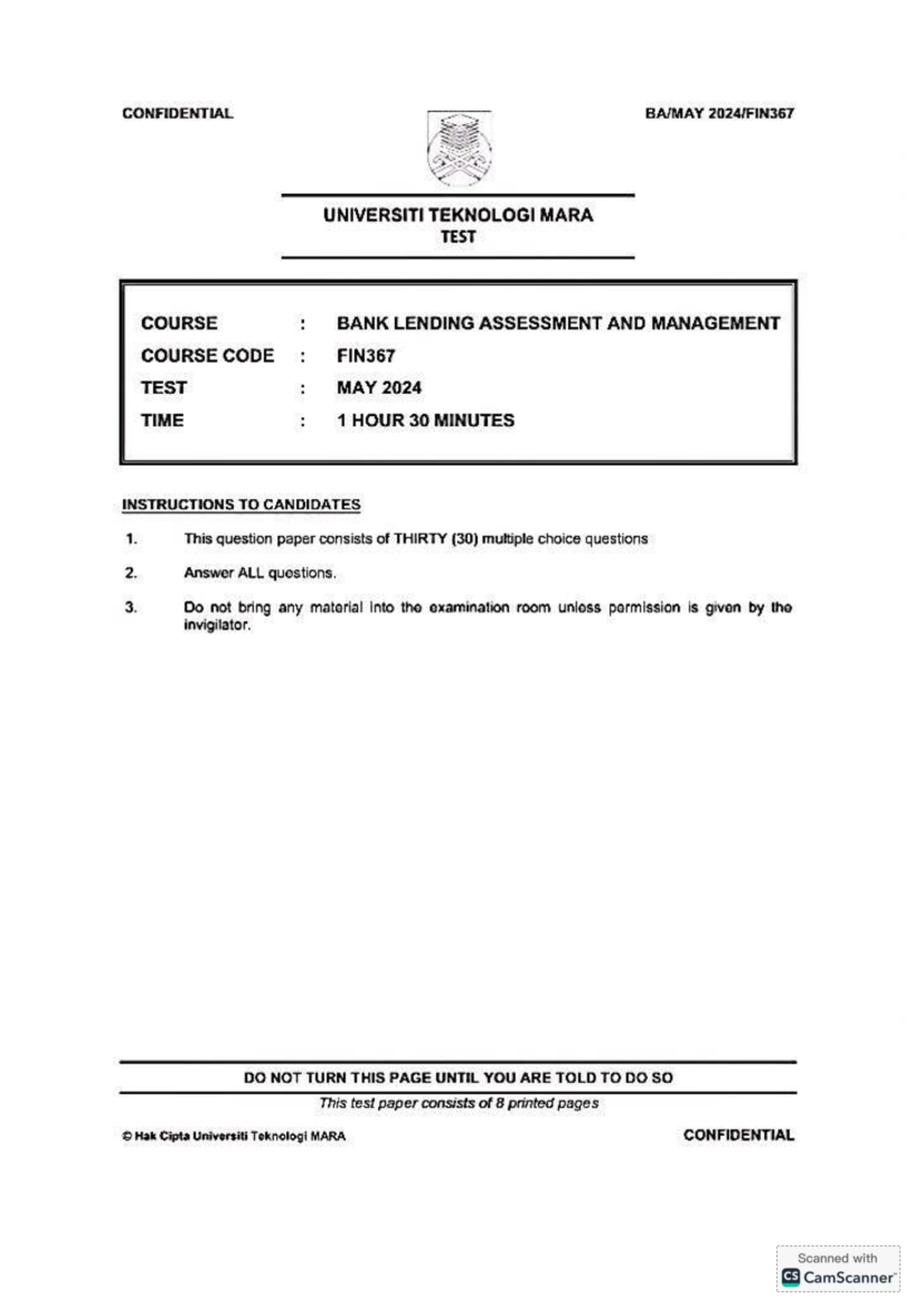 TEST FIN367 MAY 2024 - Bank Lending Assessment Questions - Studocu