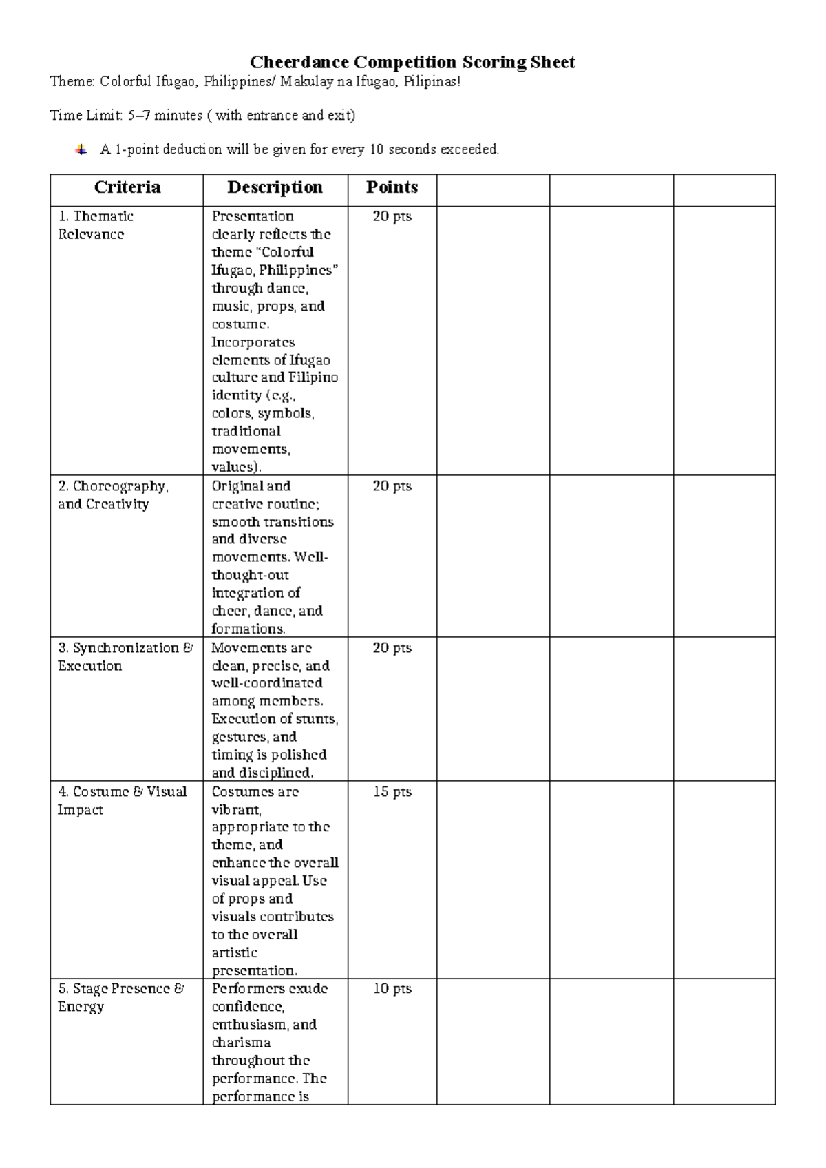 Cheer Dance Competition Scoring Criteria: Ifugao Theme - Studocu