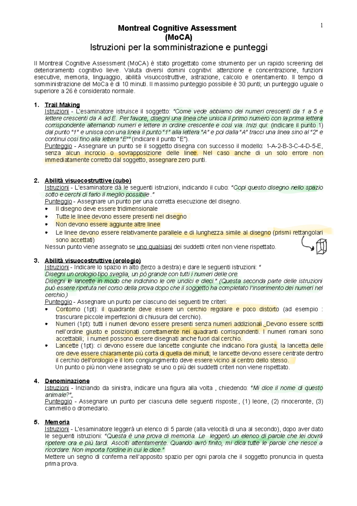 MoCA 7.1 - Istruzioni per la Somministrazione e Punteggi - Studocu