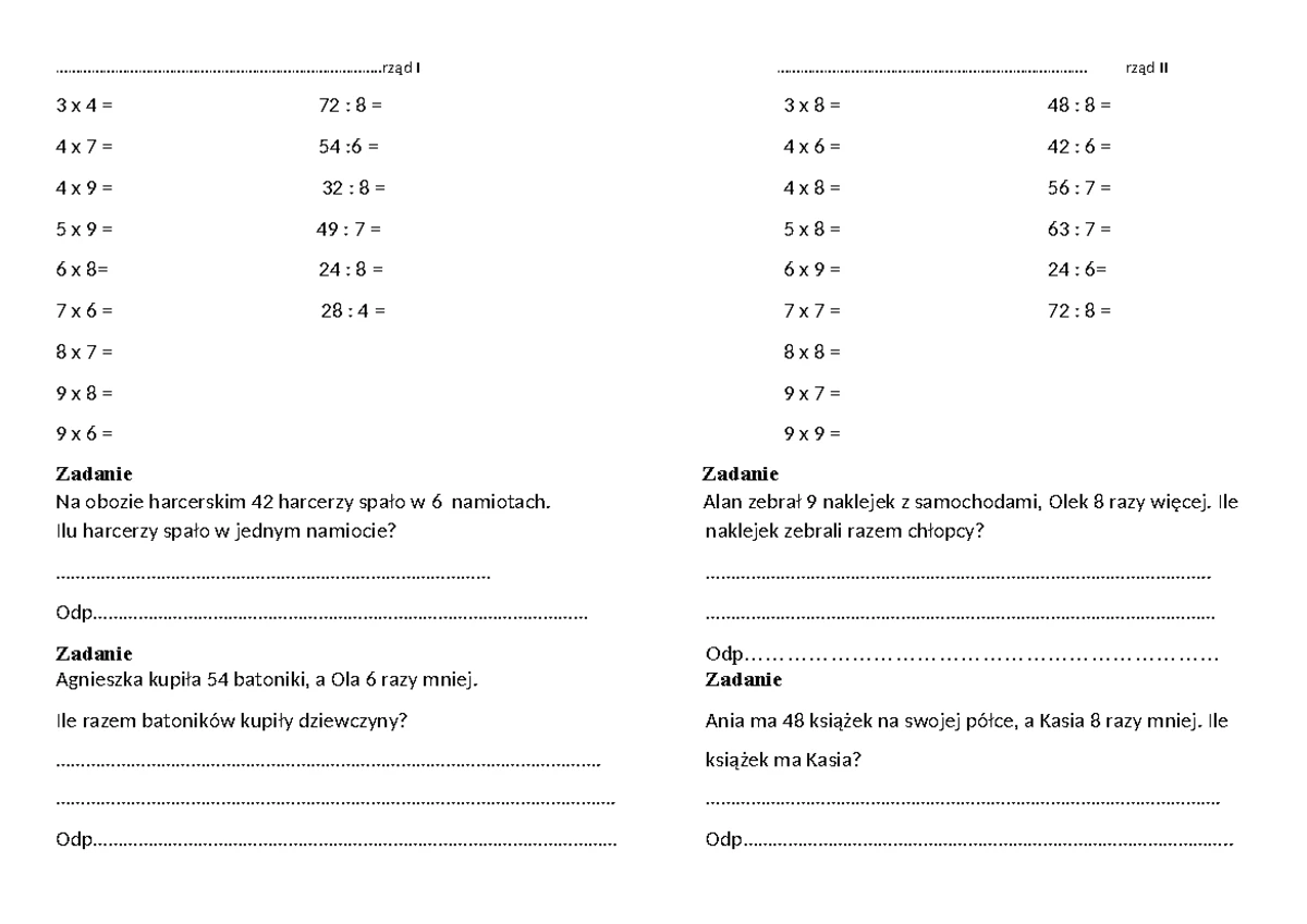 Karty pracy z matematyki dla klasy 3 - zestaw zadań nr 1-11 - Studocu
