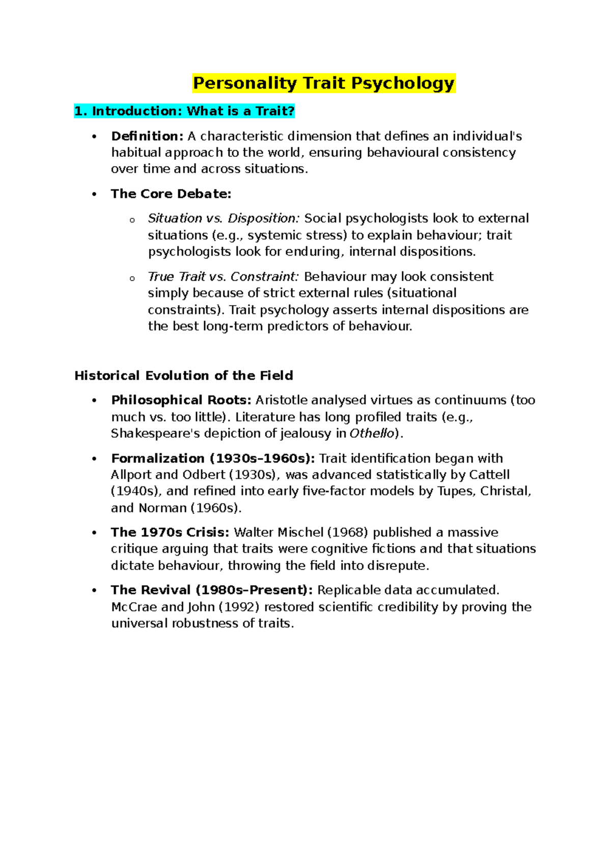 Personality Trait Psychology: An In-Depth Overview and Analysis - Studocu