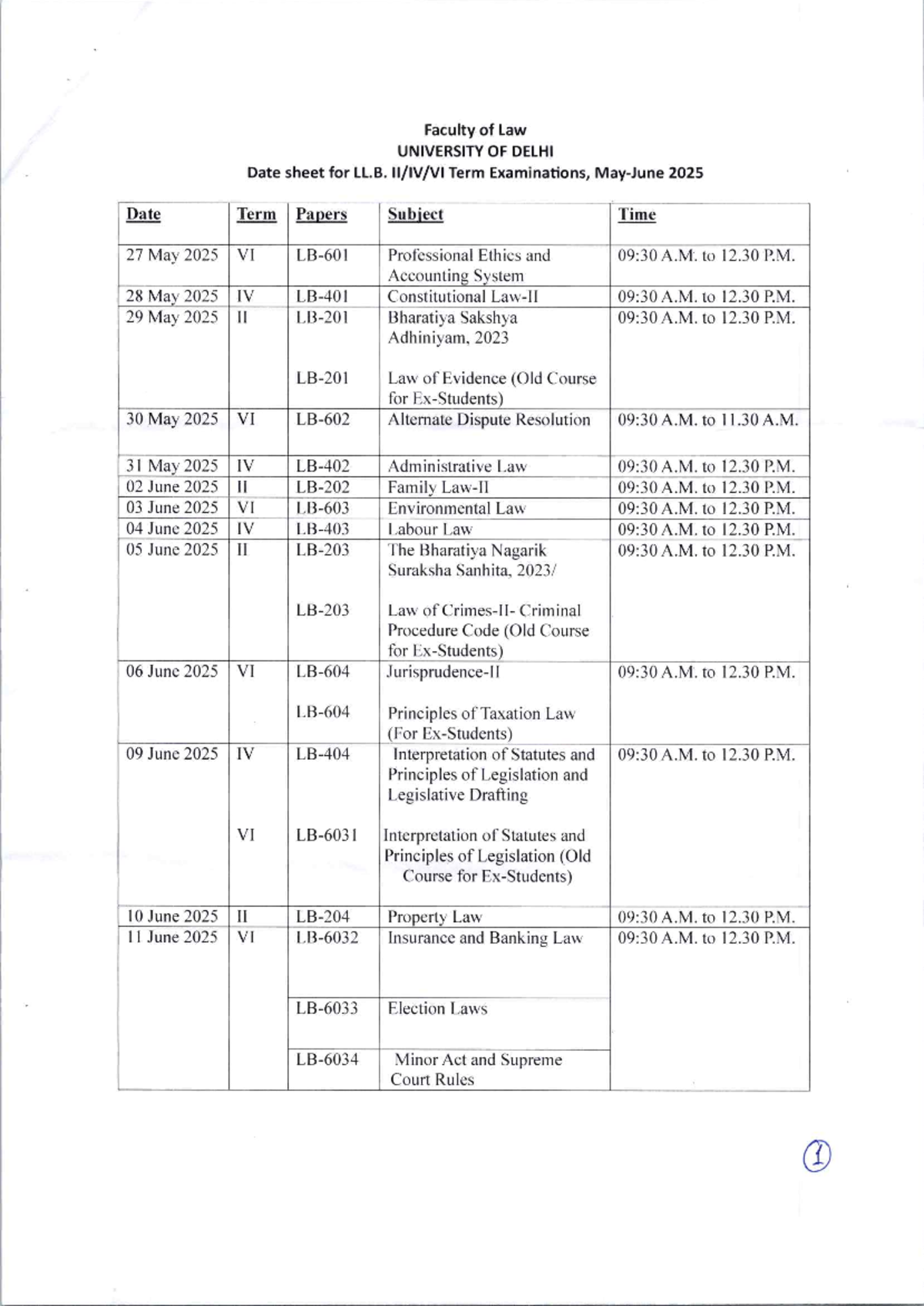 LL.B. Term Exam Date Sheet - Faculty of Law, University of Delhi 2025 ...