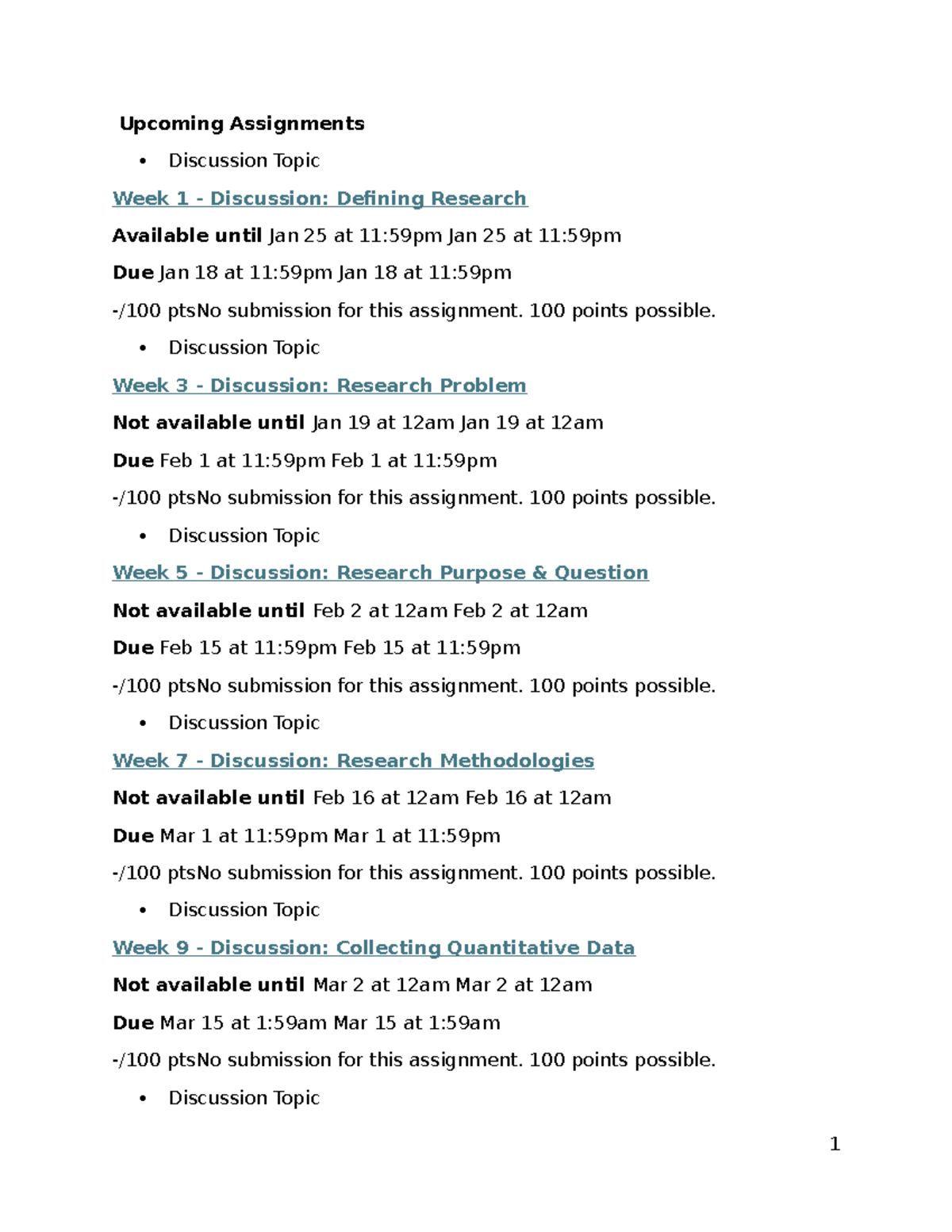 Upcoming Assignments for Discussion Topics - Week 1 to Week 9 - Studocu