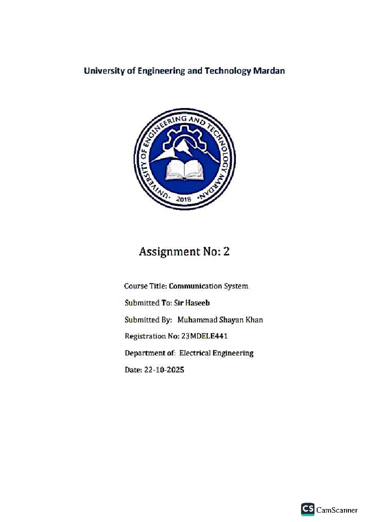 CS 2018 Assignment No. 2: Communication System Circuit Analysis - Studocu