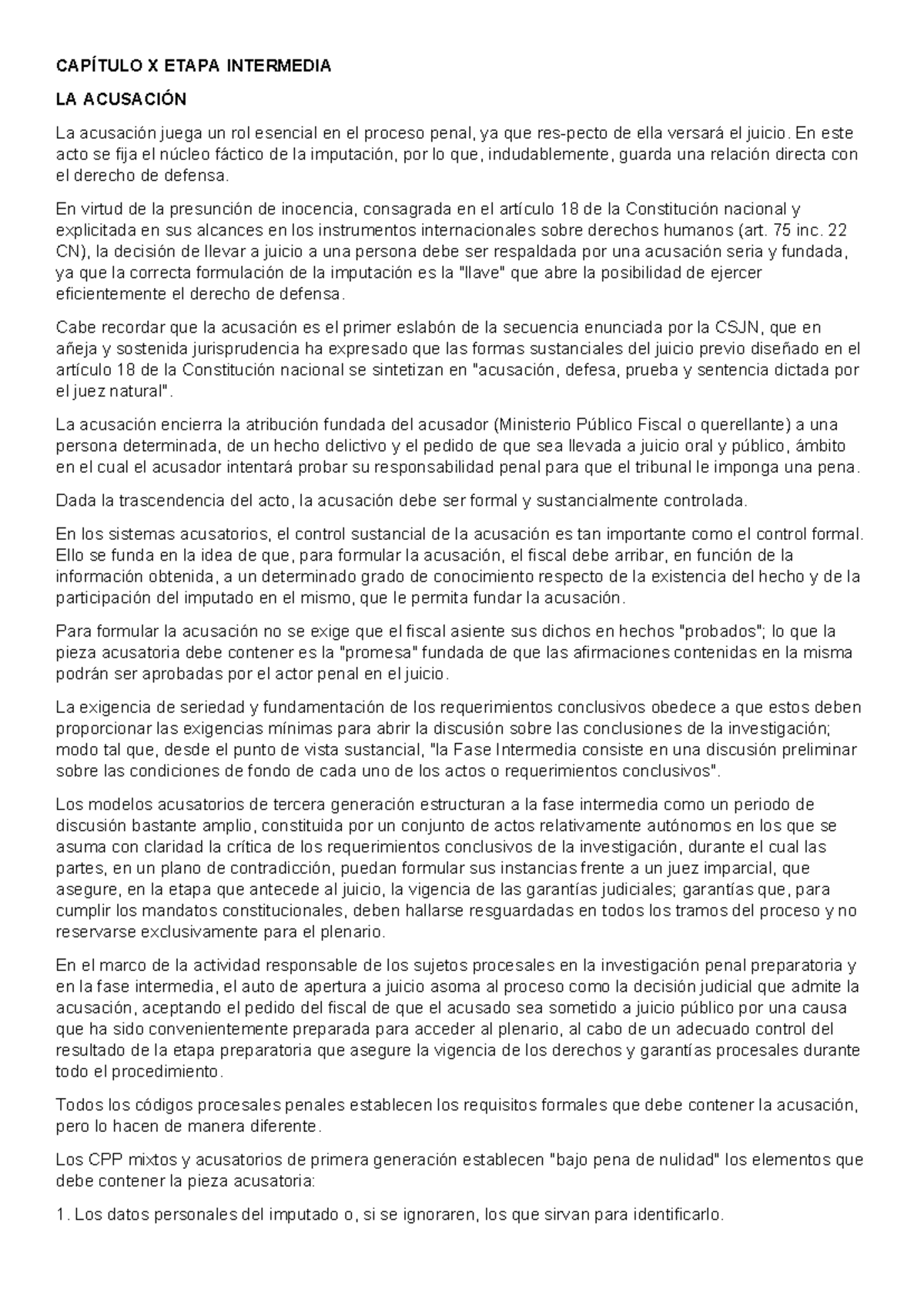CAPÍTULO X: ETAPA INTERMEDIA DE LA ACUSACIÓN EN EL PROCESO PENAL - Studocu