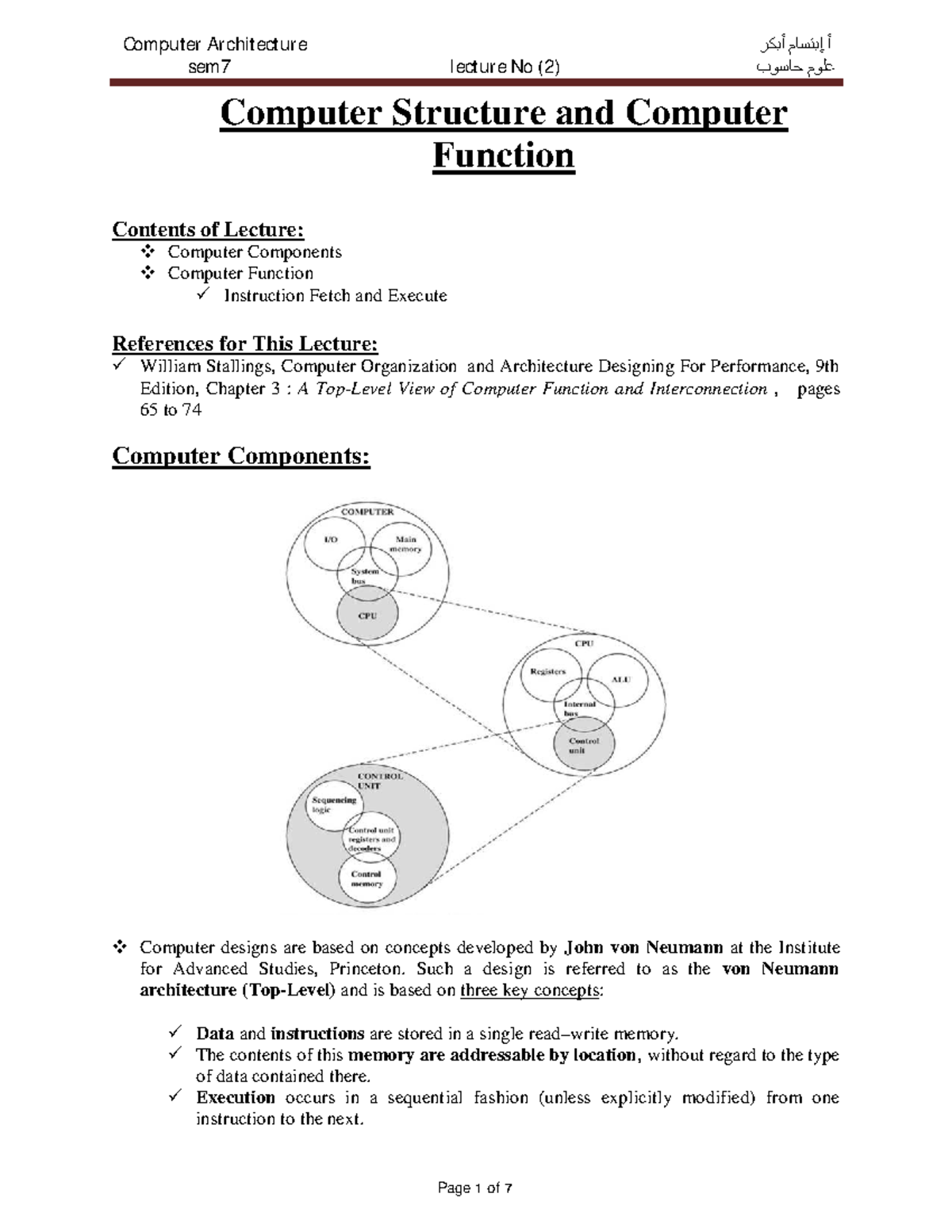 Computer Architecture Sem7 Lecture 2: Computer Structure & Function ...