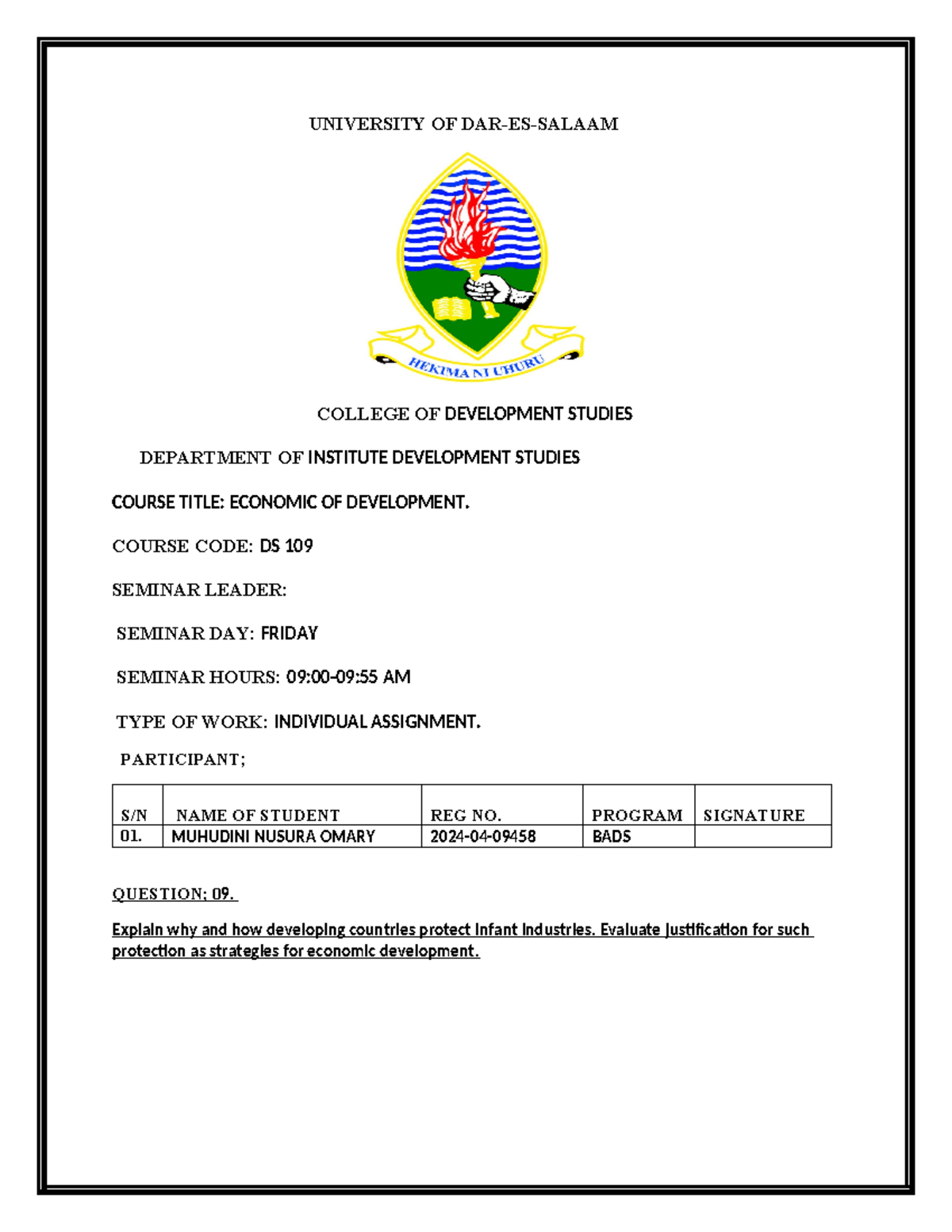 Cover page Ds 109 - Study it - UNIVERSITY OF DAR-ES-SALAAM COLLEGE OF ...
