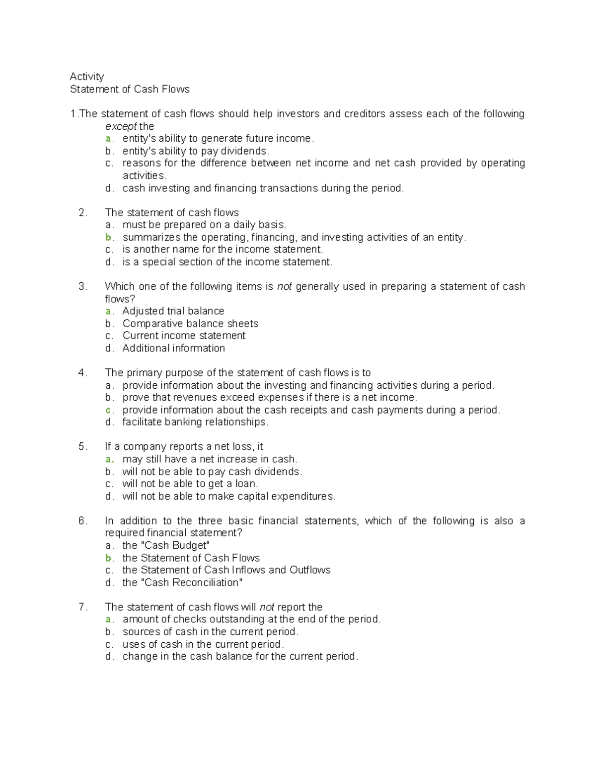 Activity - Statement of Cash Flows (ACCT 101) - Studocu
