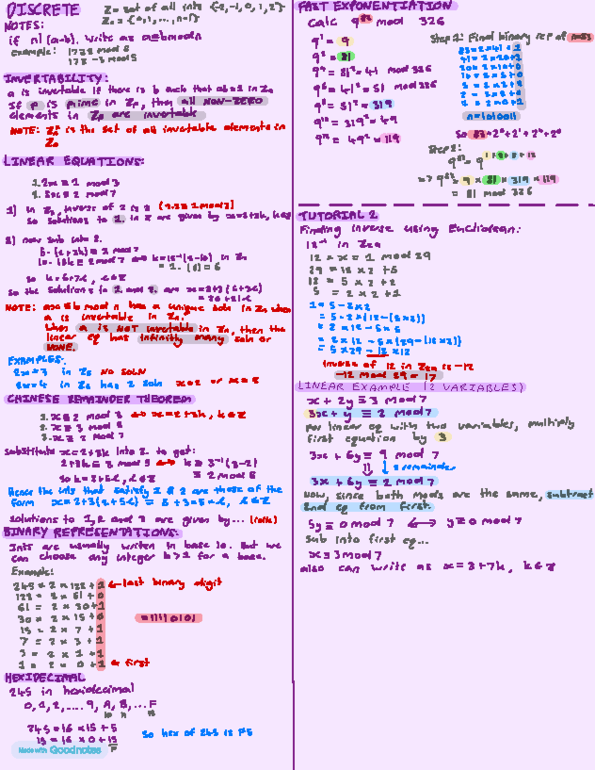 Math 101: Notes on Invertibility, Linear Equations, and Modulo ...