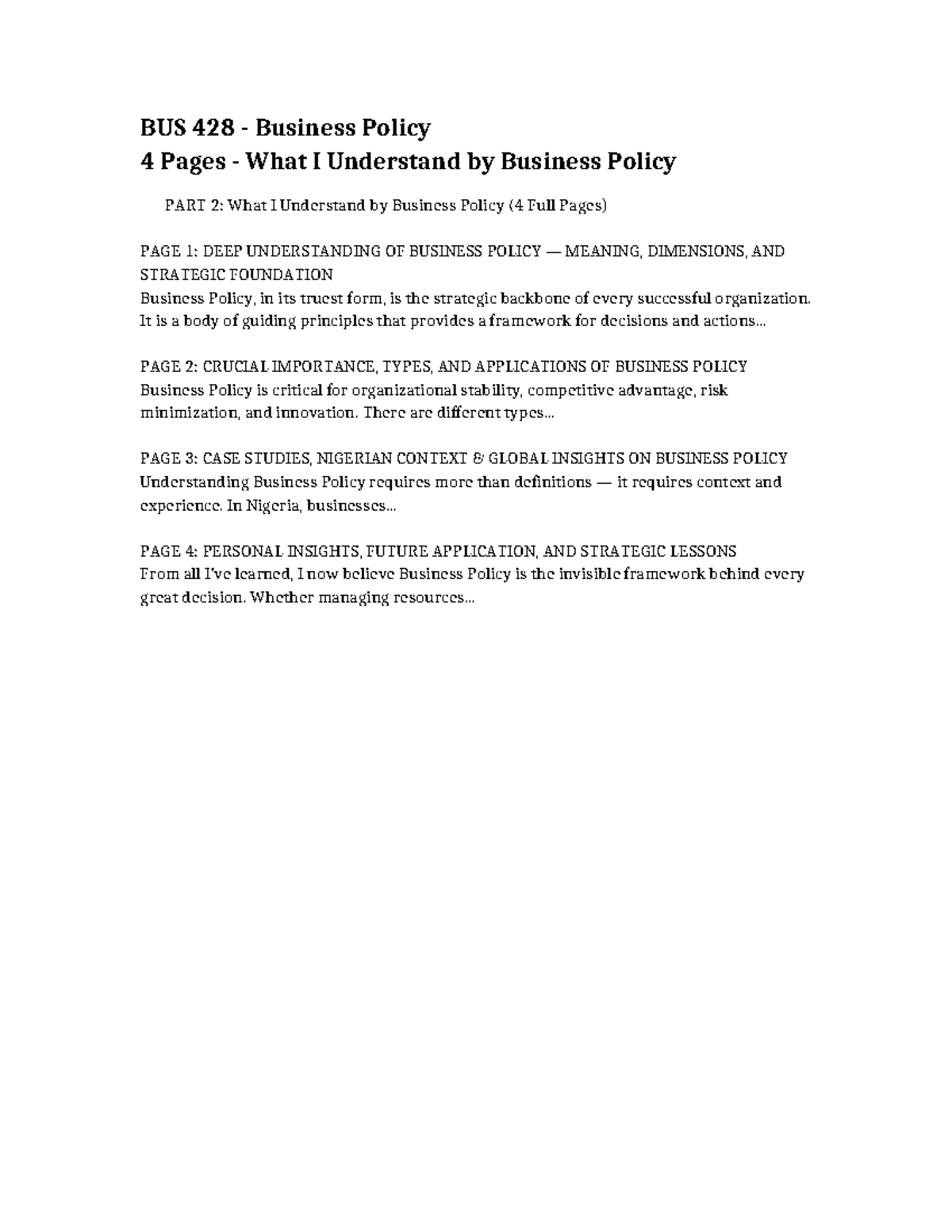 BUS 428 Business Policy: Insights and Applications (4 Pages) - Studocu