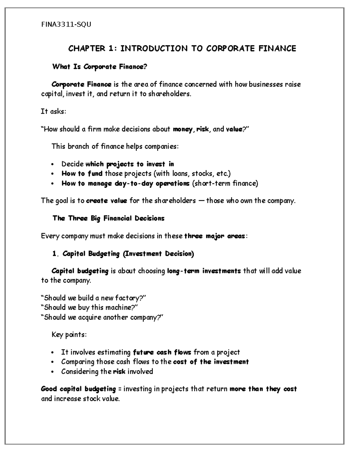 CHAPTER 1: INTRODUCTION TO CORPORATE FINANCE NOTES - Studocu