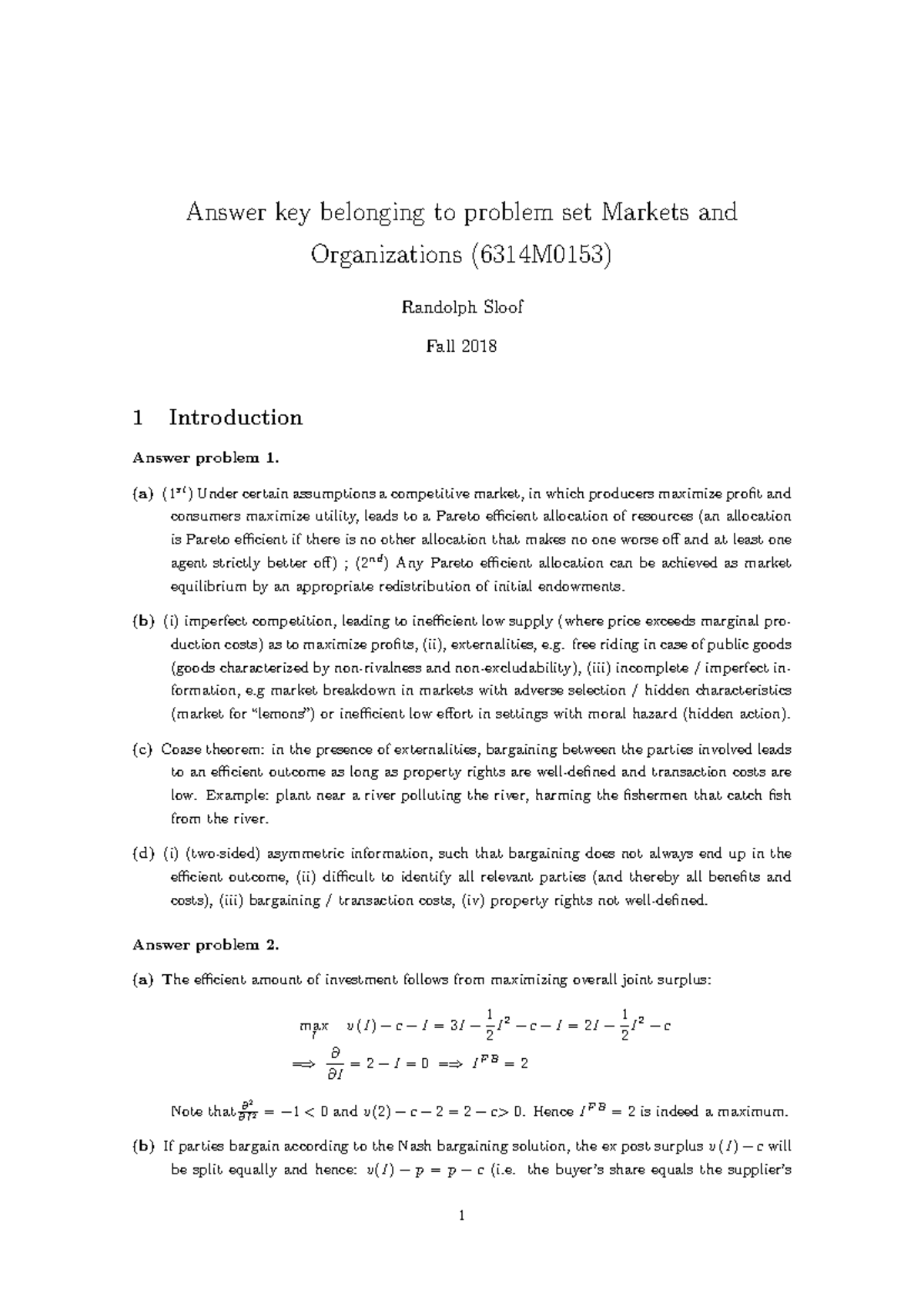 Answer Key for Problem Set 6314M0153 - Markets and Organizations (Fall ...