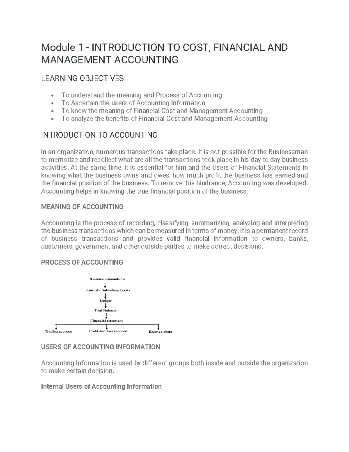 Module 1 - Introduction TO COST, Financial AND Management Accounting ...