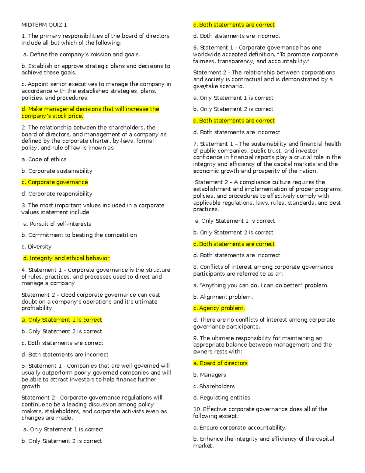 MIDTERM QUIZ 1 - Corporate Governance and Ethics Concepts - Studocu