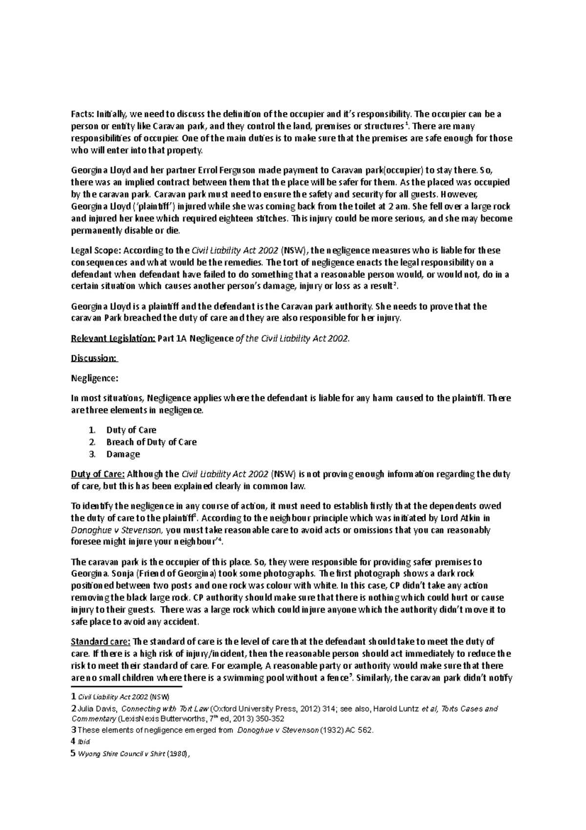 Law of Torts - Negligence Analysis and Case Study 2020 (LAWT101) - Studocu