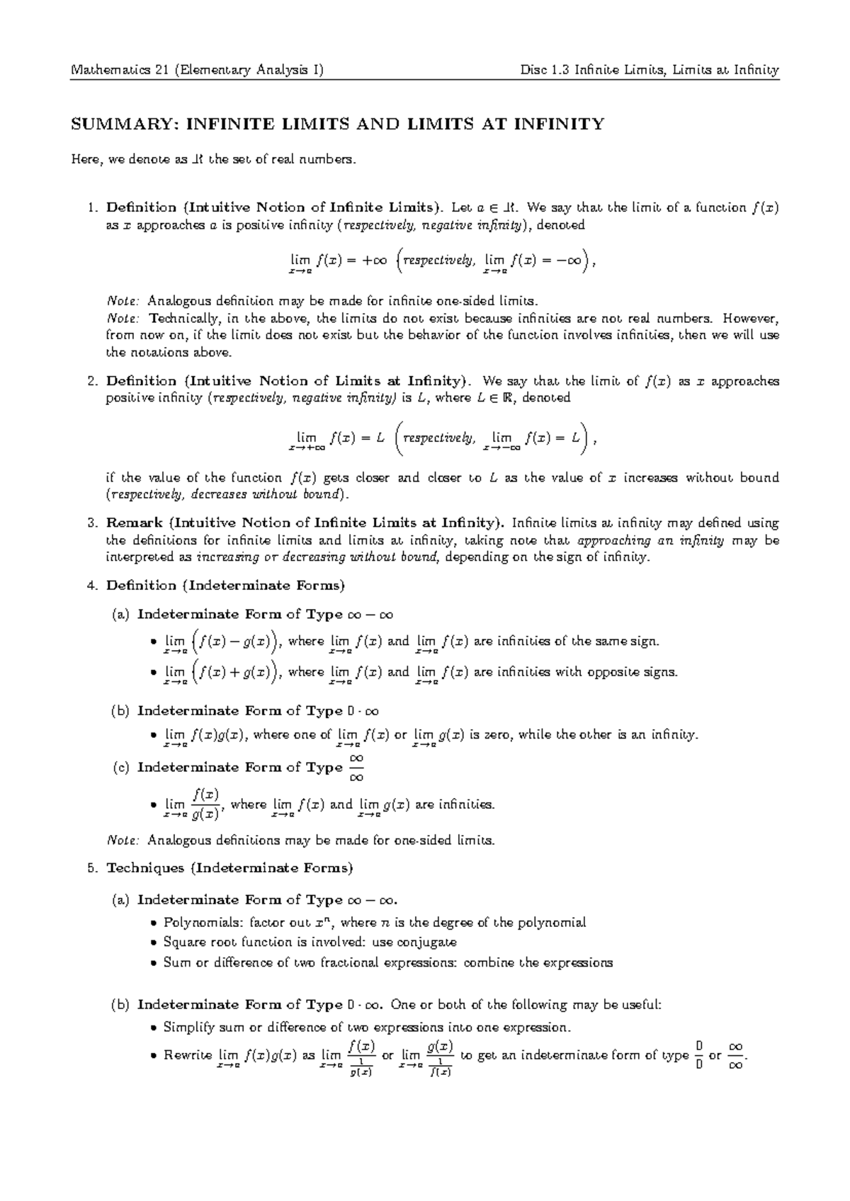 Math 21 Disc 1.3 Summary: Infinite Limits & Limits at Infinity - Studocu