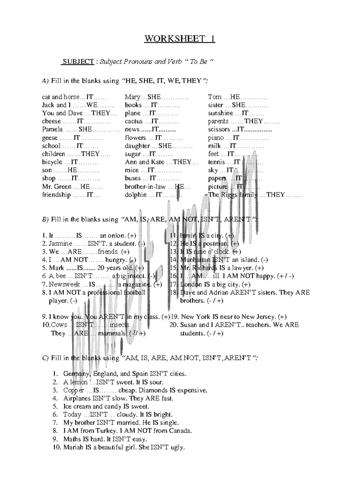 Subject Pronouns & Verb “To Be” Worksheet 1 (Fill-in-the-Blanks) - Studocu