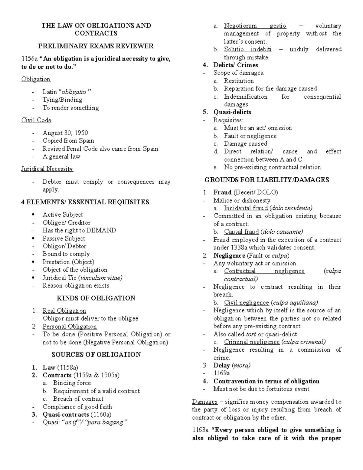 Obligations and Contracts - Preliminary Exam Notes (LAW 1156) - Document Preview