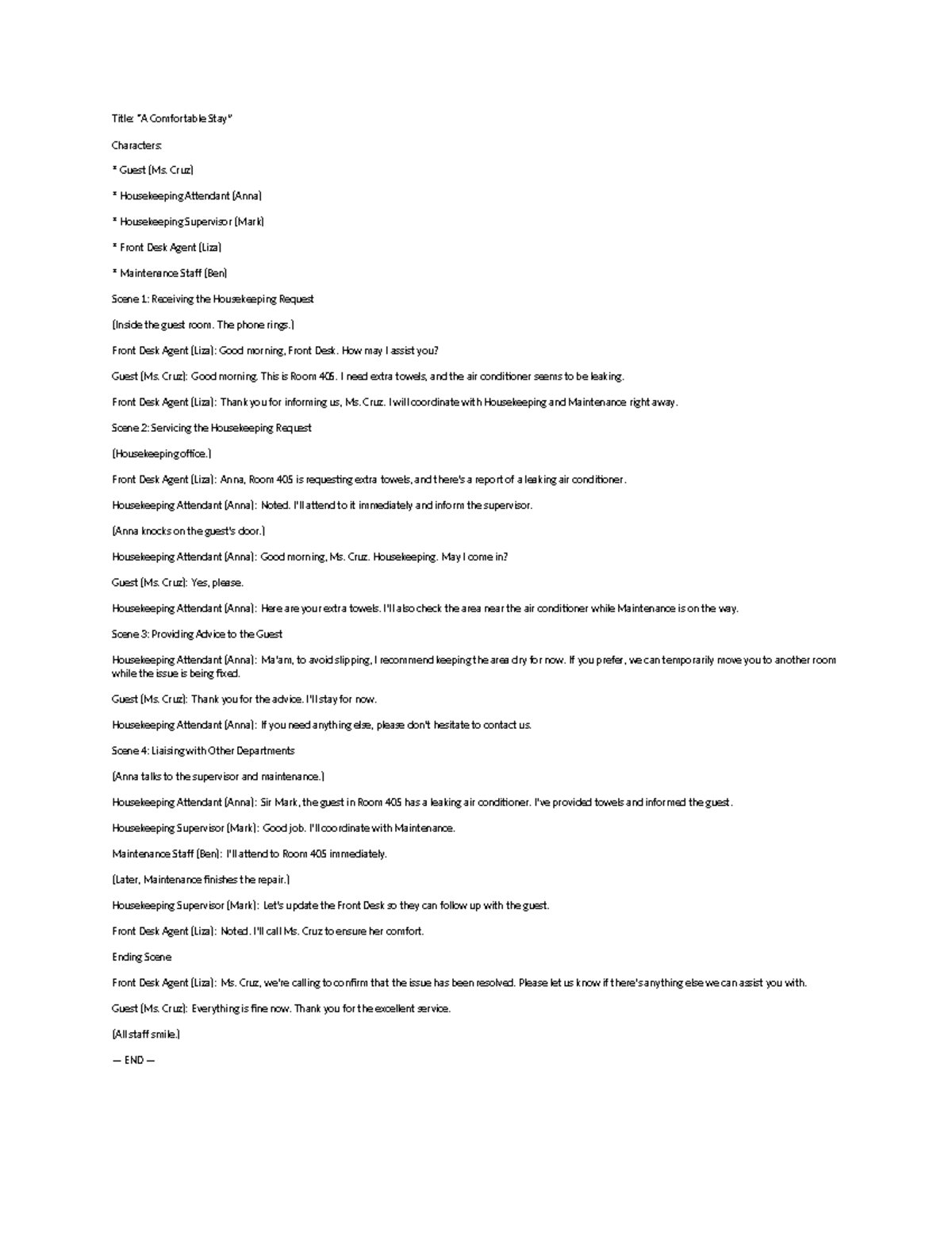 Script - GRTDDYHJGNB: Housekeeping Service Interaction for Room 405 ...