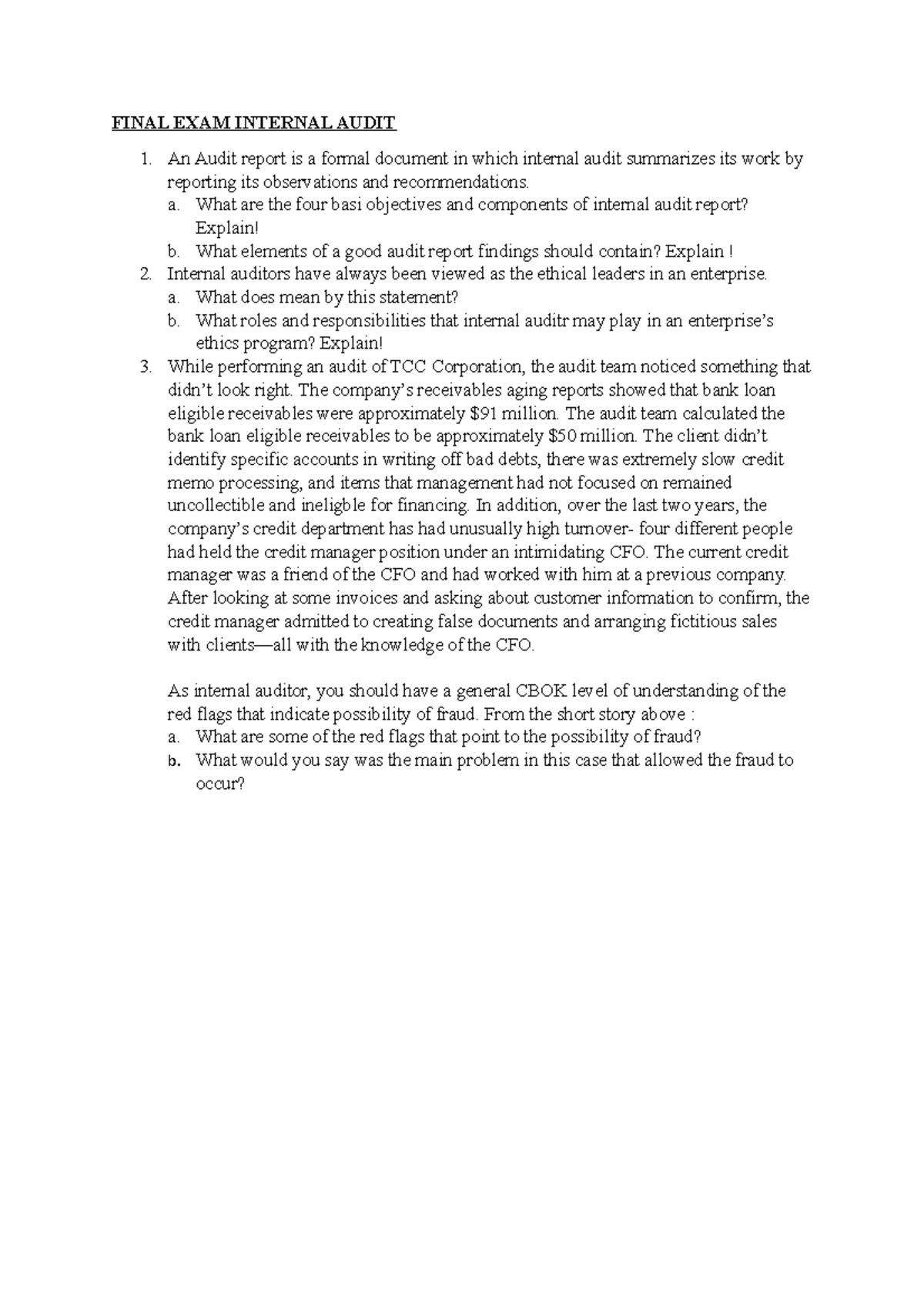 FINAL EXAM INTERNAL AUDIT - Questions and Discussion Points - Studocu