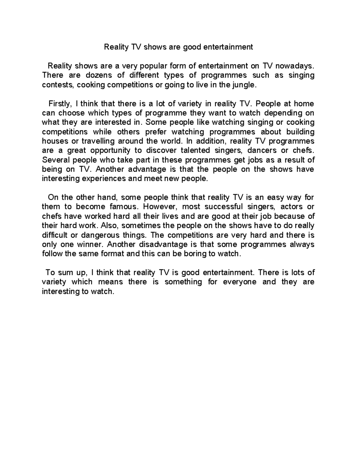 ENG 101: Essay Notes on Reality TV Shows as Good Entertainment - Studocu