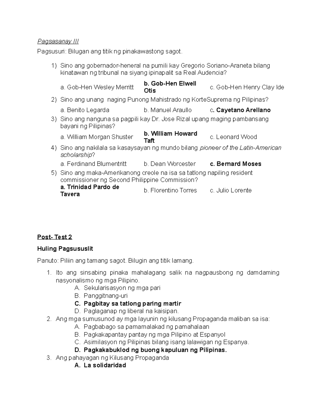 POST TEST - Pagsasanay sa Kasaysayan ng Pilipinas (MODUL 5) - Studocu