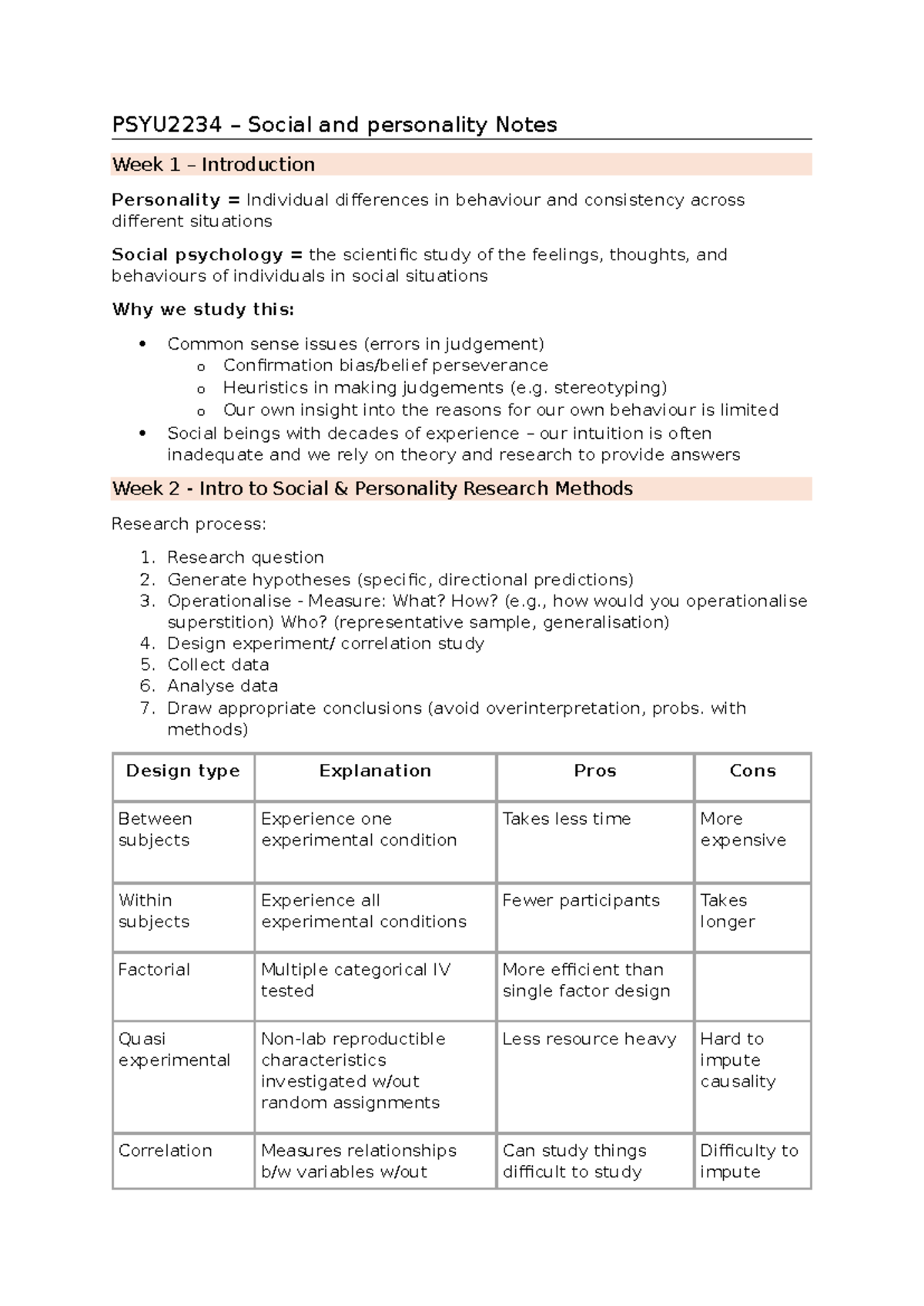 PSYU2234 Social and Personality Psychology Notes: Weeks 1-7 Overview ...
