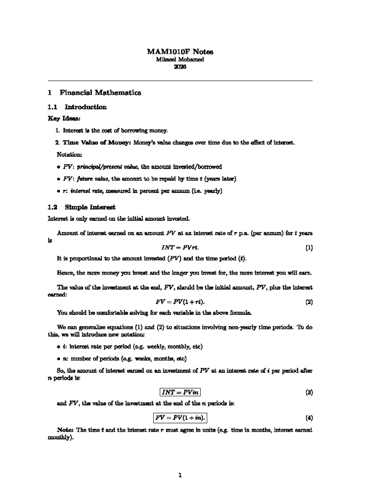MAMI1010F Financial Mathematics Notes: Key Concepts & Formulas - Studocu