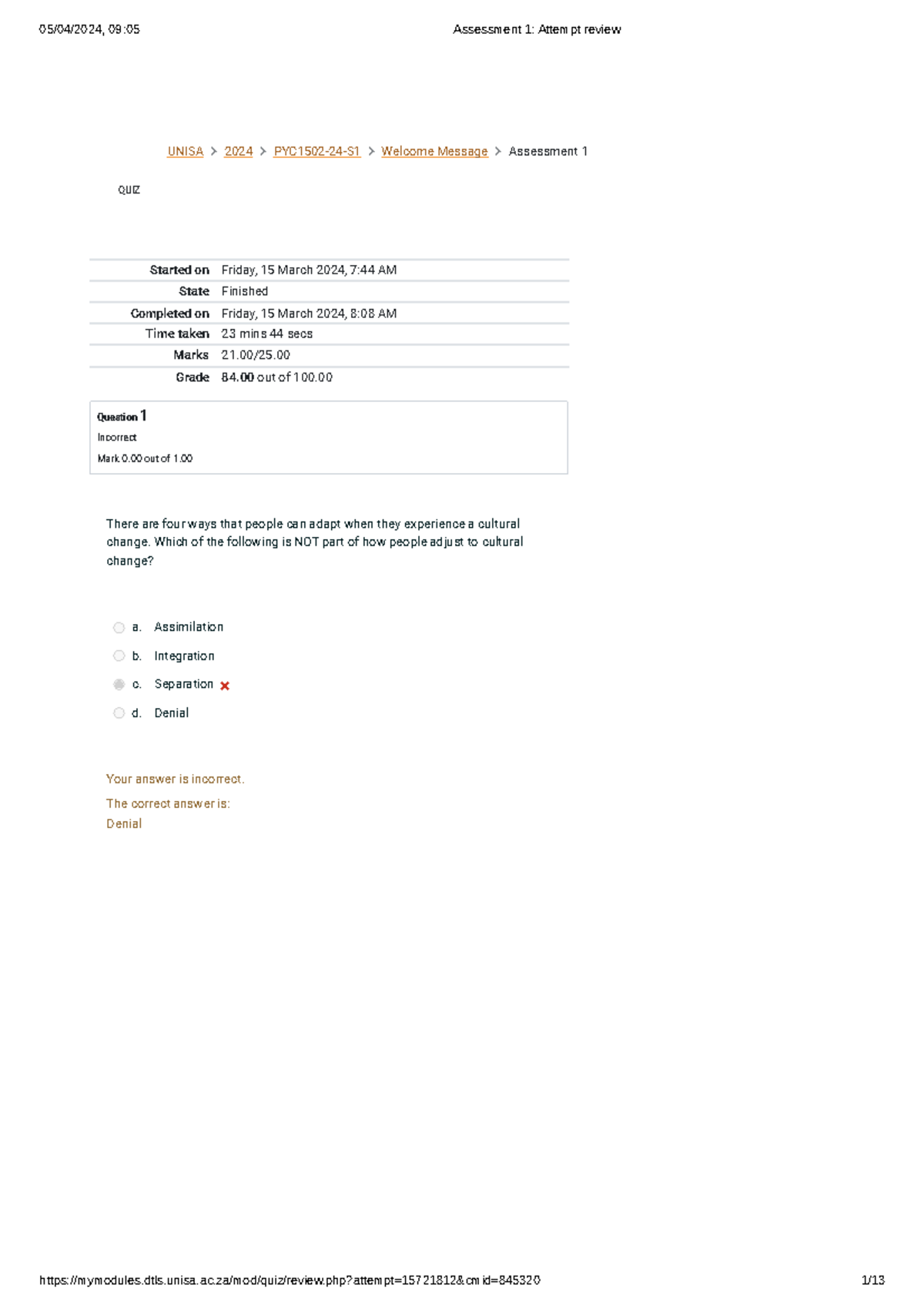 PYC1502 Assessment 1 Attempt Review and Feedback - Studocu