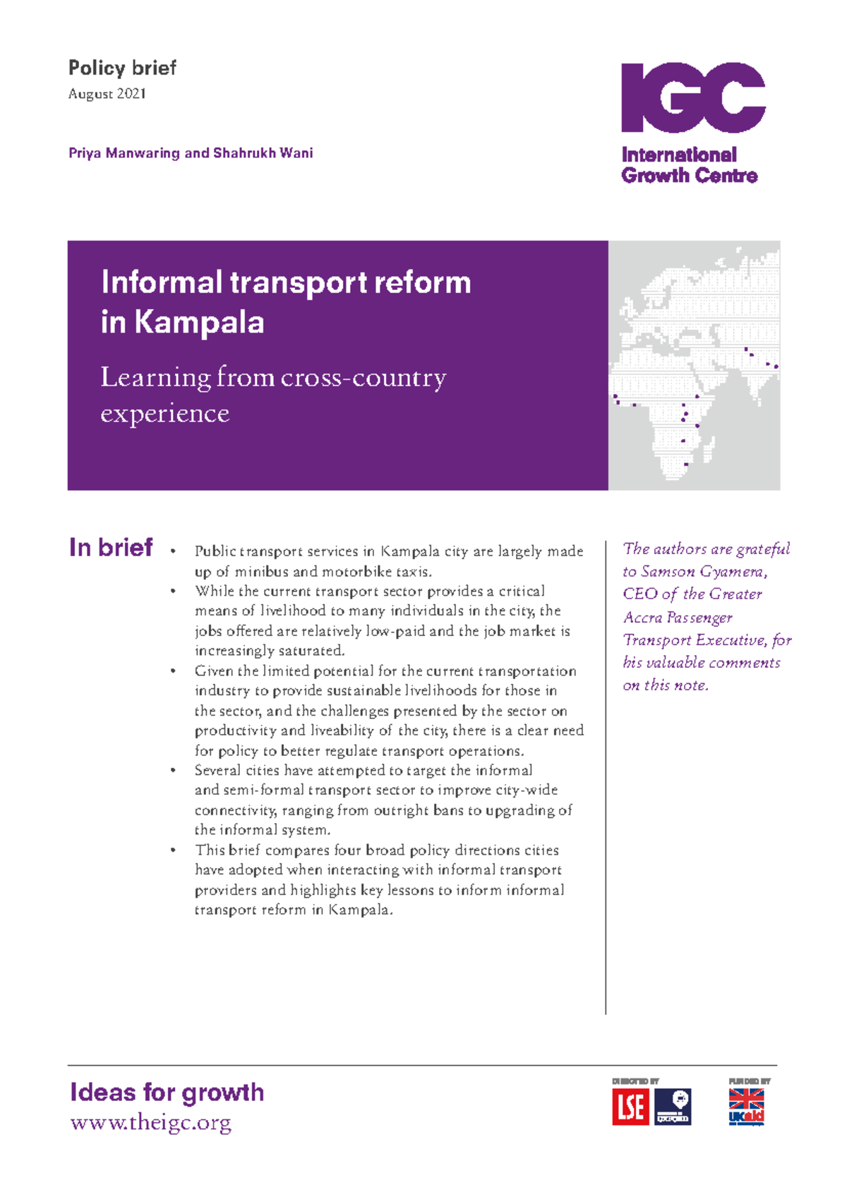 Informal Transport Reform in Kampala: Policy Brief August 2021 - Studocu