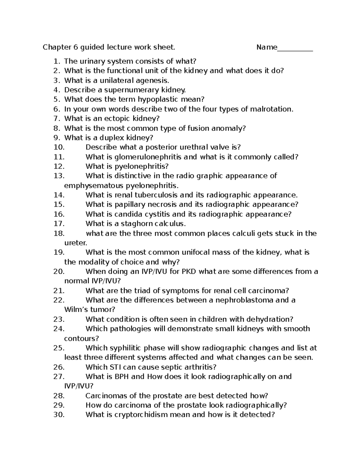 Chapter 6 Urinary System Lecture Worksheet (Course Code: 1) - Studocu