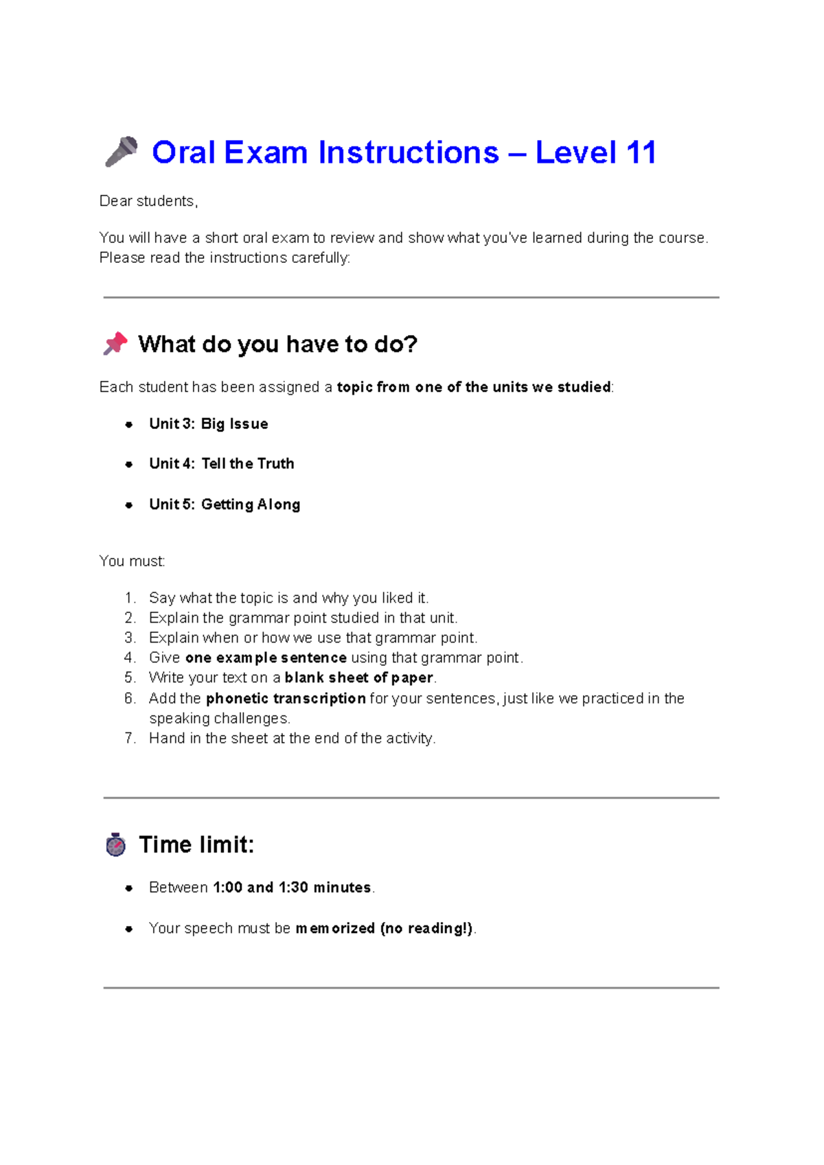 Oral Exam Instructions: Review for Unit 5 - Getting Along - Studocu
