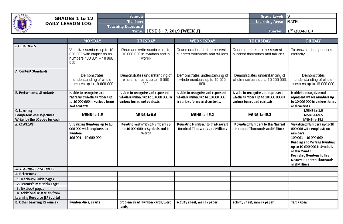 DLL MATH 5 Q1 W1 - Daily Lesson Log for Visualizing Numbers - Studocu