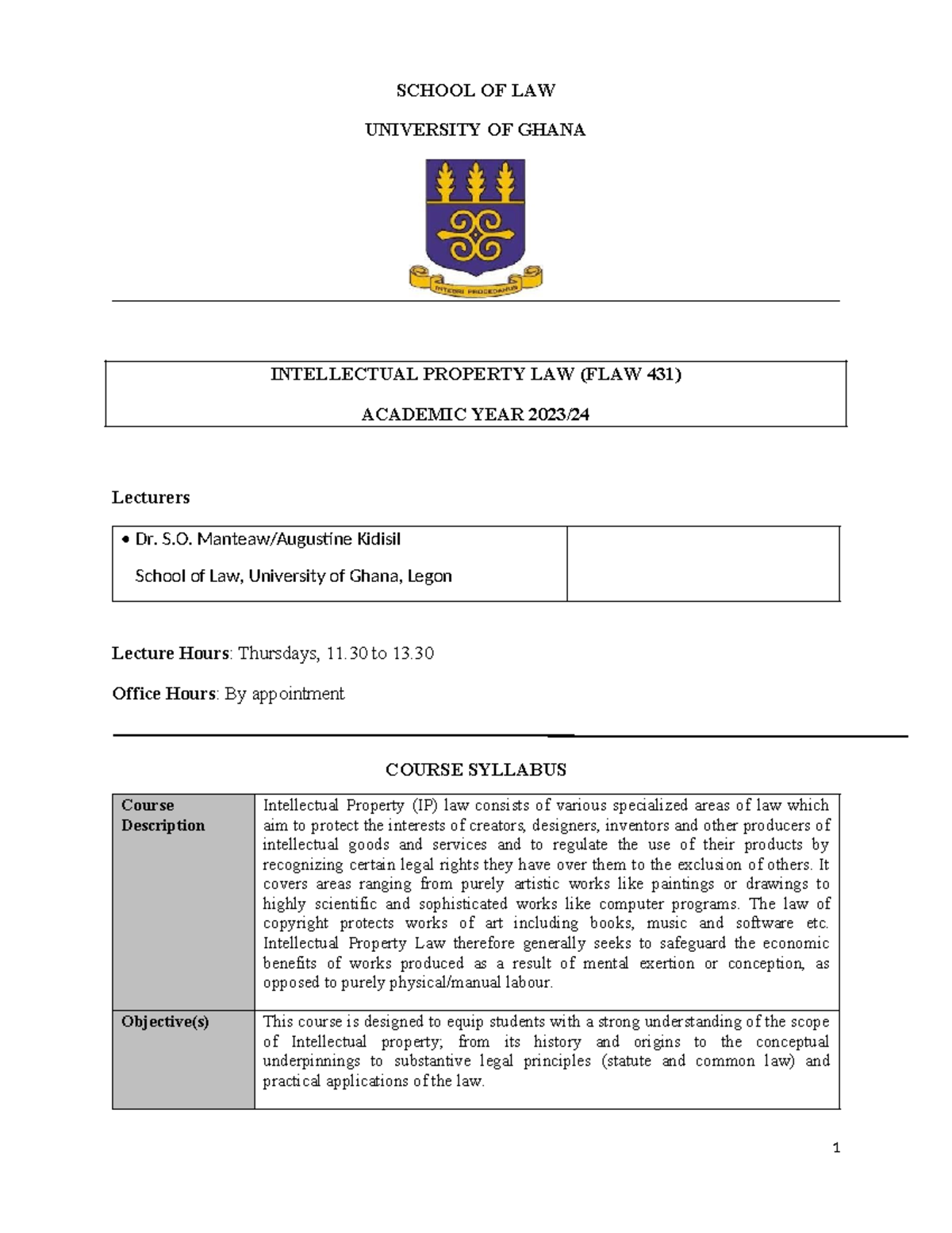 FLAW 431: Intellectual Property Law Course Outline & Reading List - Studocu
